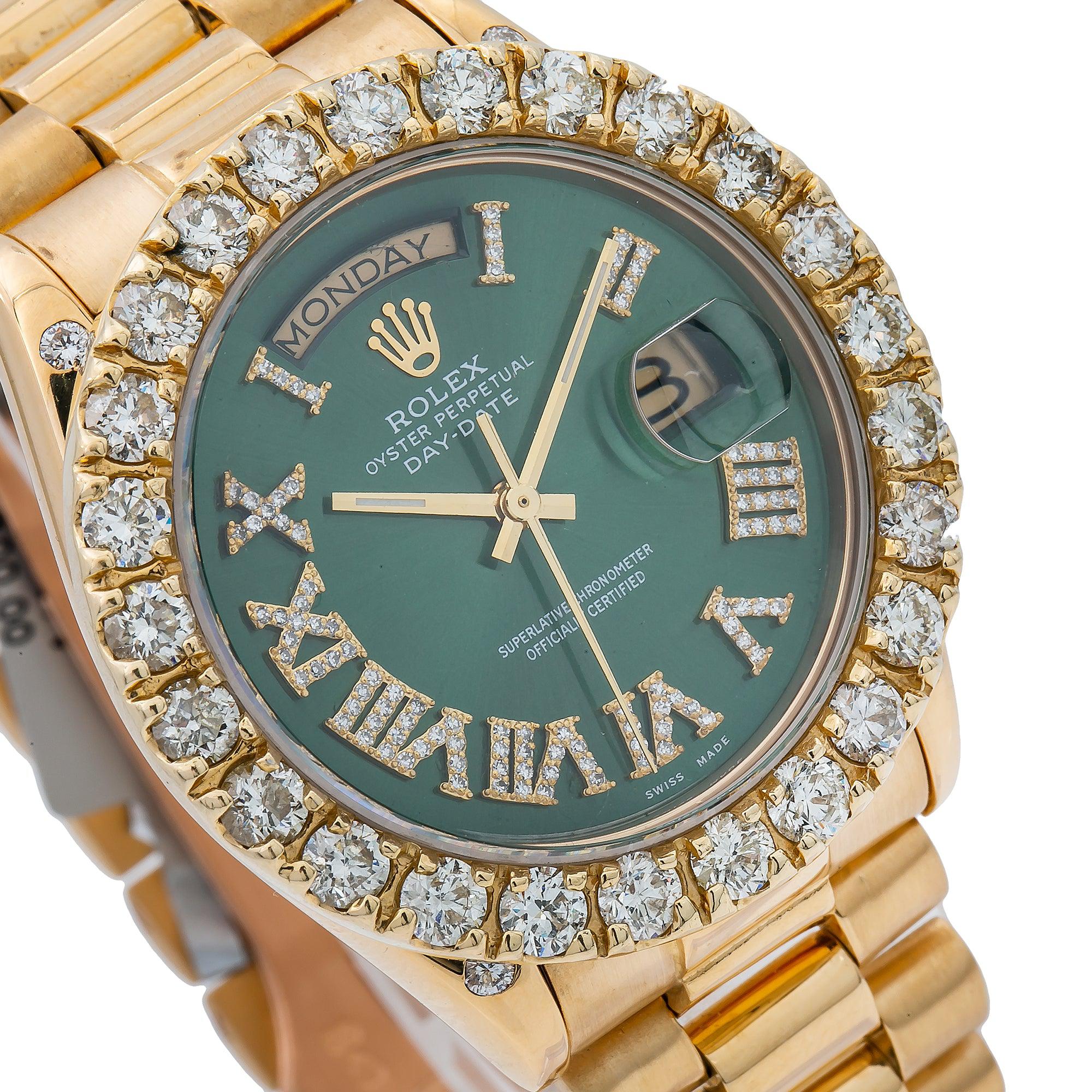 Rolex Day-Date 36MM 18038 Green Roman Diamond Dial Diamond Bezel 18K Yellow Gold President Bracelet 5.5ct