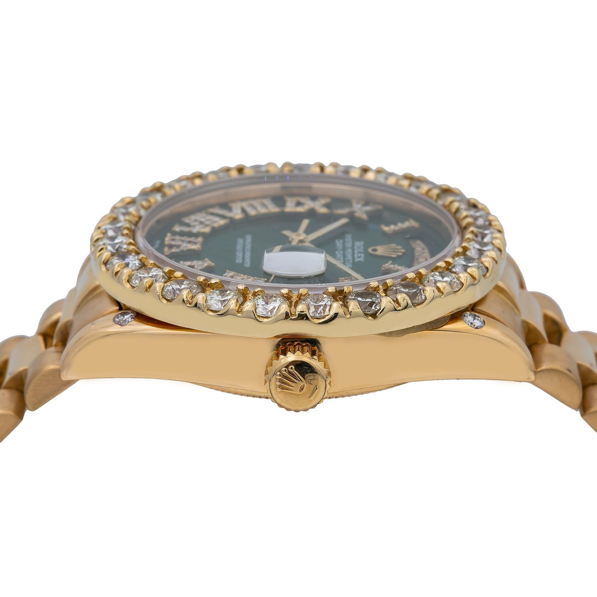 Rolex Day-Date 36MM 18038 Green Roman Diamond Dial Diamond Bezel 18K Yellow Gold President Bracelet 5.5ct