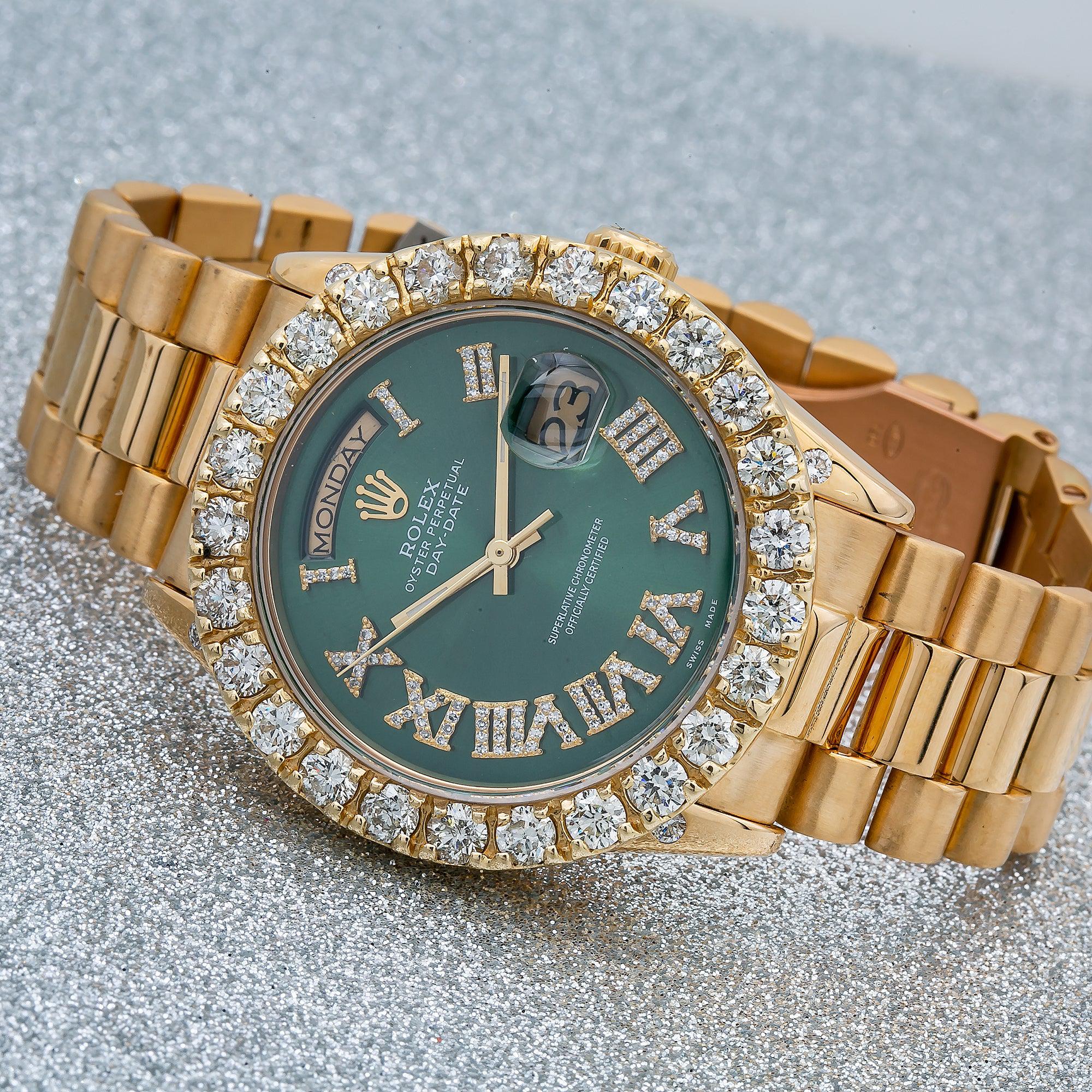 Rolex Day-Date 36MM 18038 Green Roman Diamond Dial Diamond Bezel 18K Yellow Gold President Bracelet 5.5ct