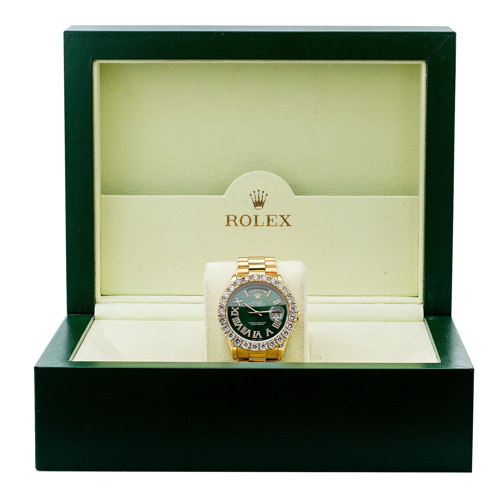 Rolex Day-Date 36MM 18038 Green Roman Diamond Dial Diamond Bezel 18K Yellow Gold President Bracelet 5.5ct