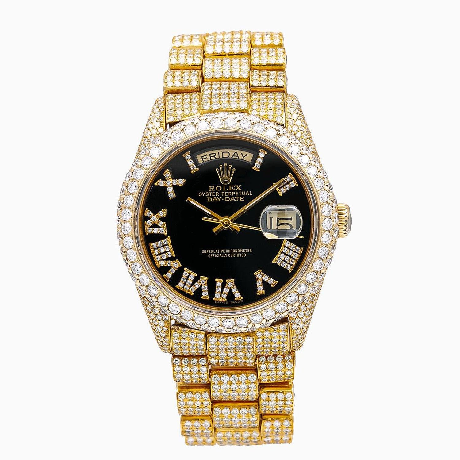 Rolex Day-Date 36MM 18038 Black Roman Dial Diamond Bezel 18K Yellow Gold Full Diamond President Bracelet 23.25ct