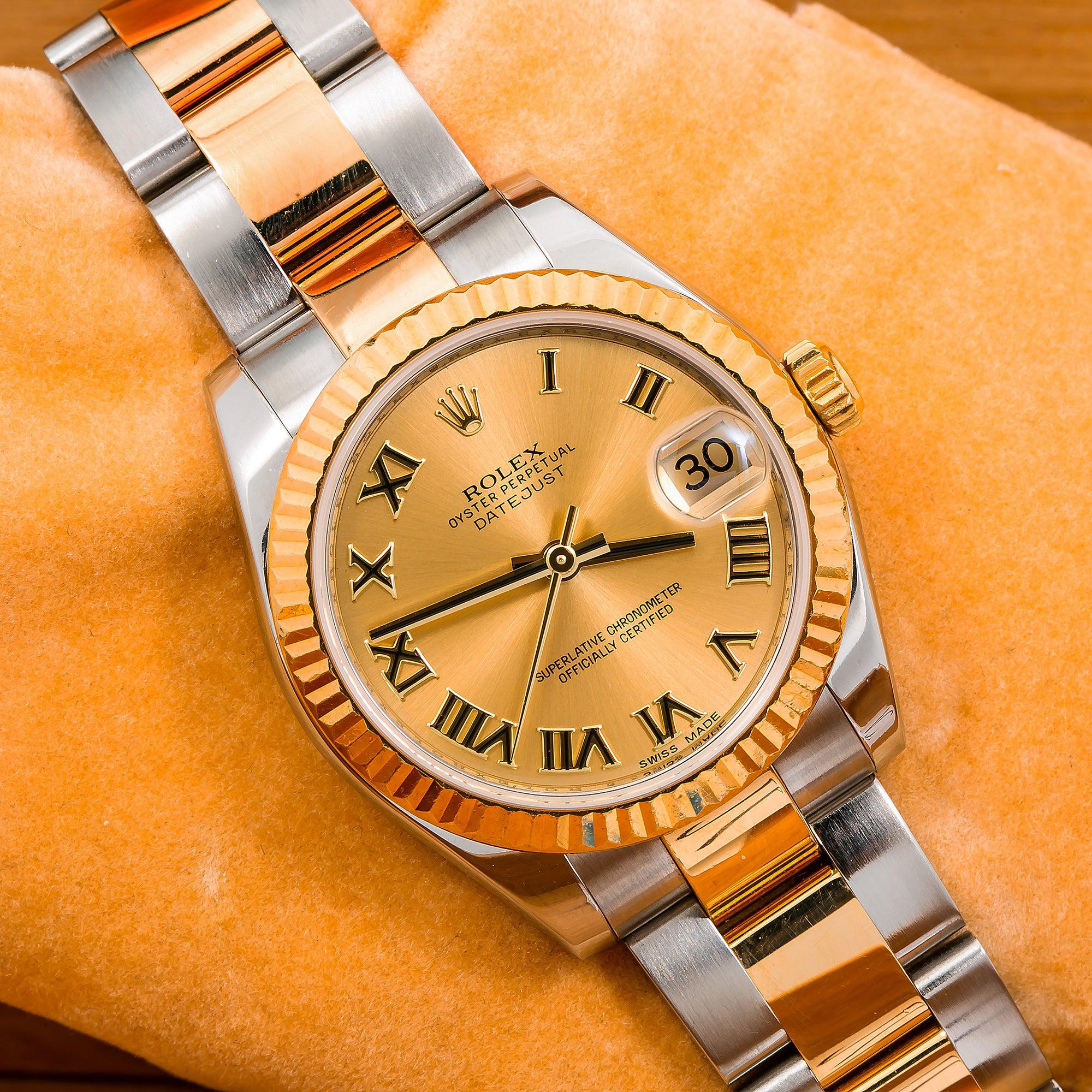 Rolex Datejust 31MM 178243 Champagne Roman Dial Fluted Bezel Two Tone Yellow Gold Oyster Bracelet