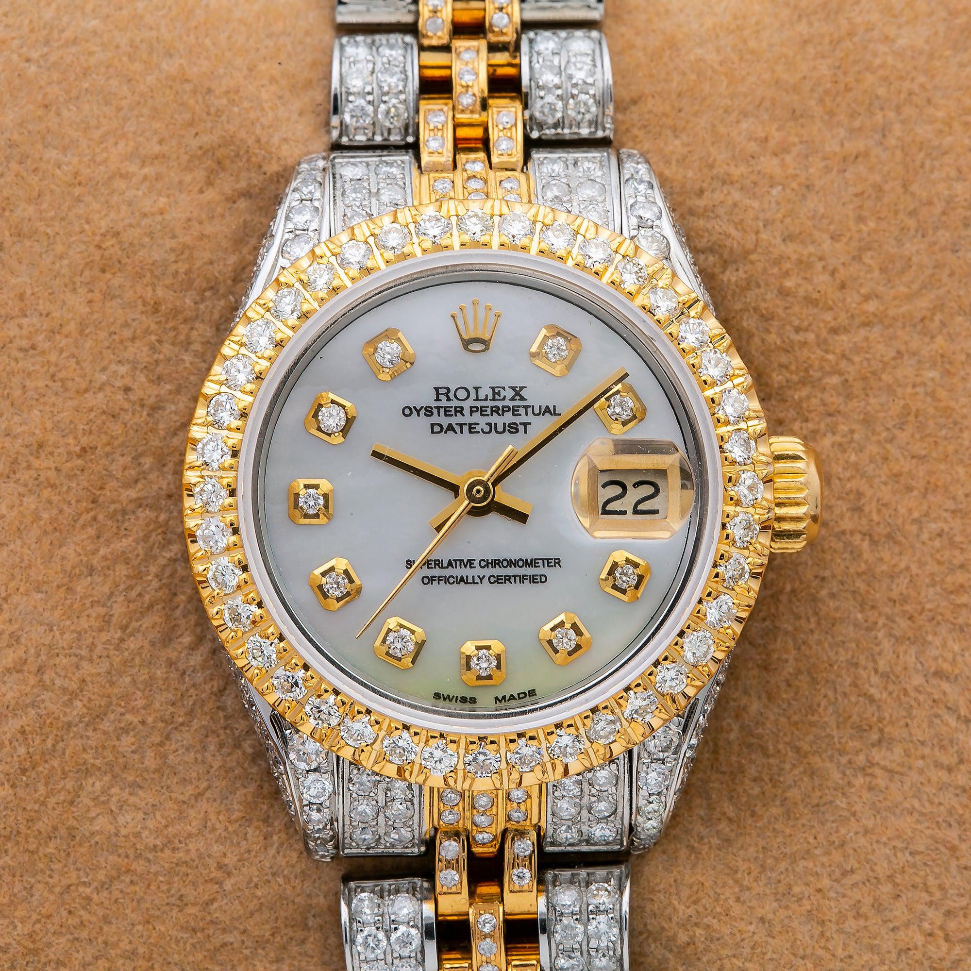 Rolex Datejust 26MM 6917 White Mother of Pearl Diamond Dial Diamond Bezel Two Tone Yellow Gold Full Diamond Jubilee Bracelet 5.75ct