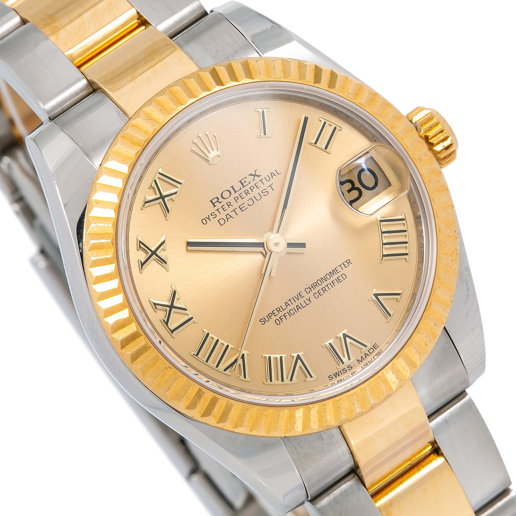 Rolex Datejust 31MM 178243 Champagne Roman Dial Fluted Bezel Two Tone Yellow Gold Oyster Bracelet