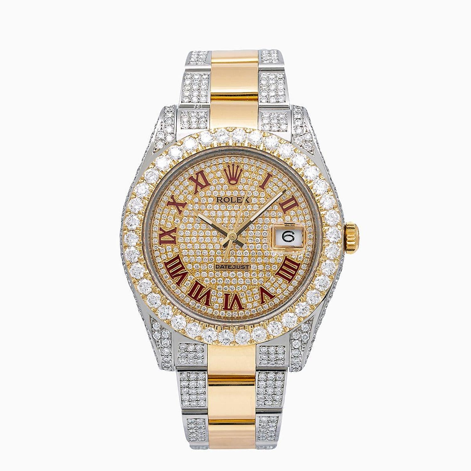 Rolex Datejust 41MM 116333 Diamond Paved Red Roman Dial Diamond Bezel Two Tone Semi Diamond Oyster Bracelet 11.75ct