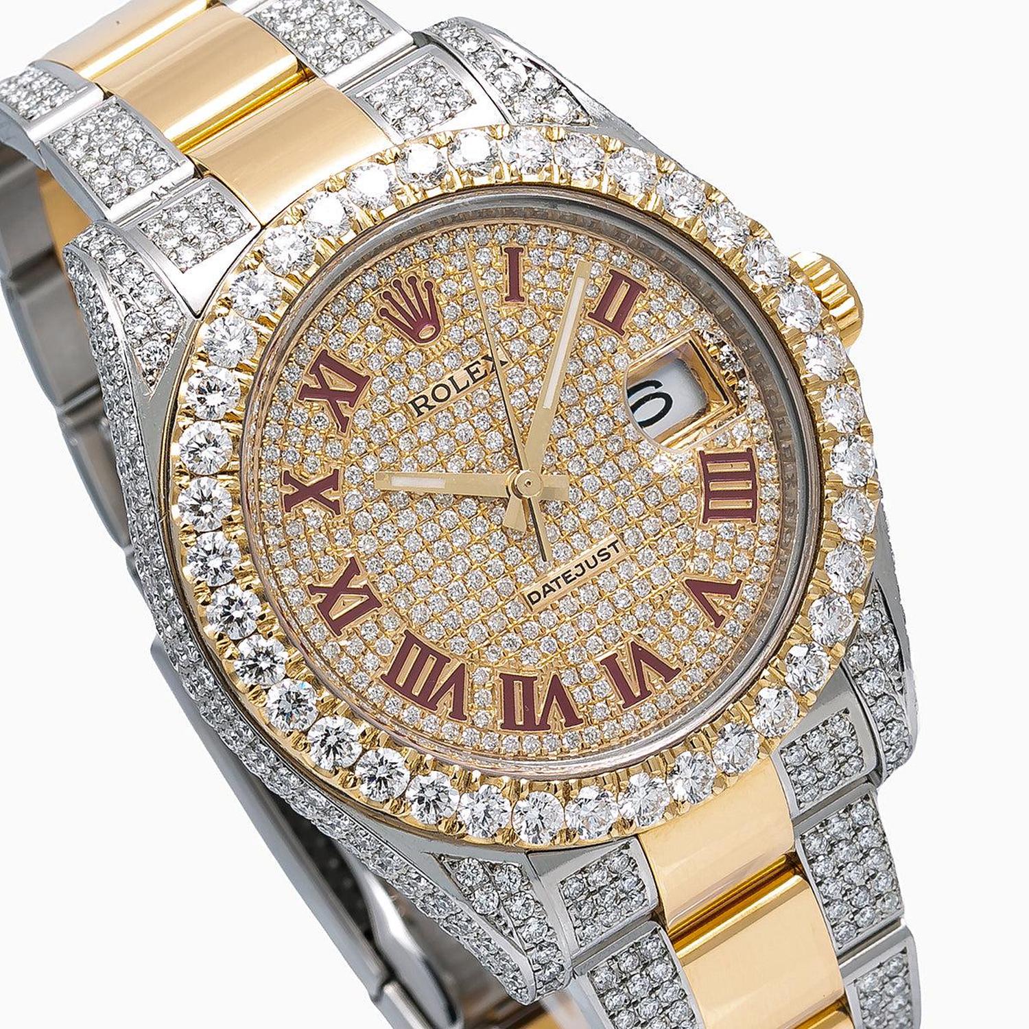 Rolex Datejust 41MM 116333 Diamond Paved Red Roman Dial Diamond Bezel Two Tone Yellow Gold Semi Diamond Oyster Bracelet 11.75ct