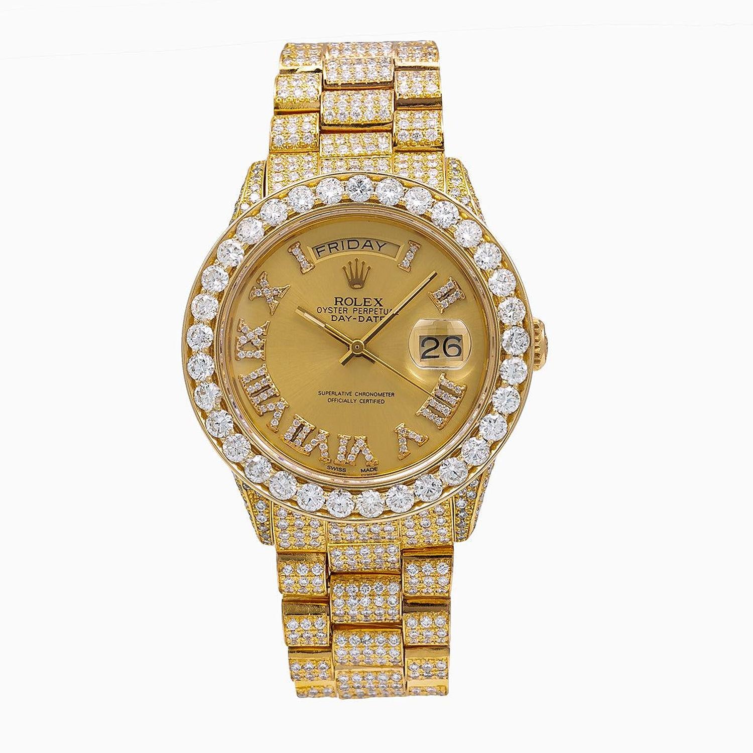 Rolex Day-Date 36MM 18038 Champagne Roman Dial Diamond Bezel 18K Yellow Gold Full Diamond President Bracelet 18.83ct