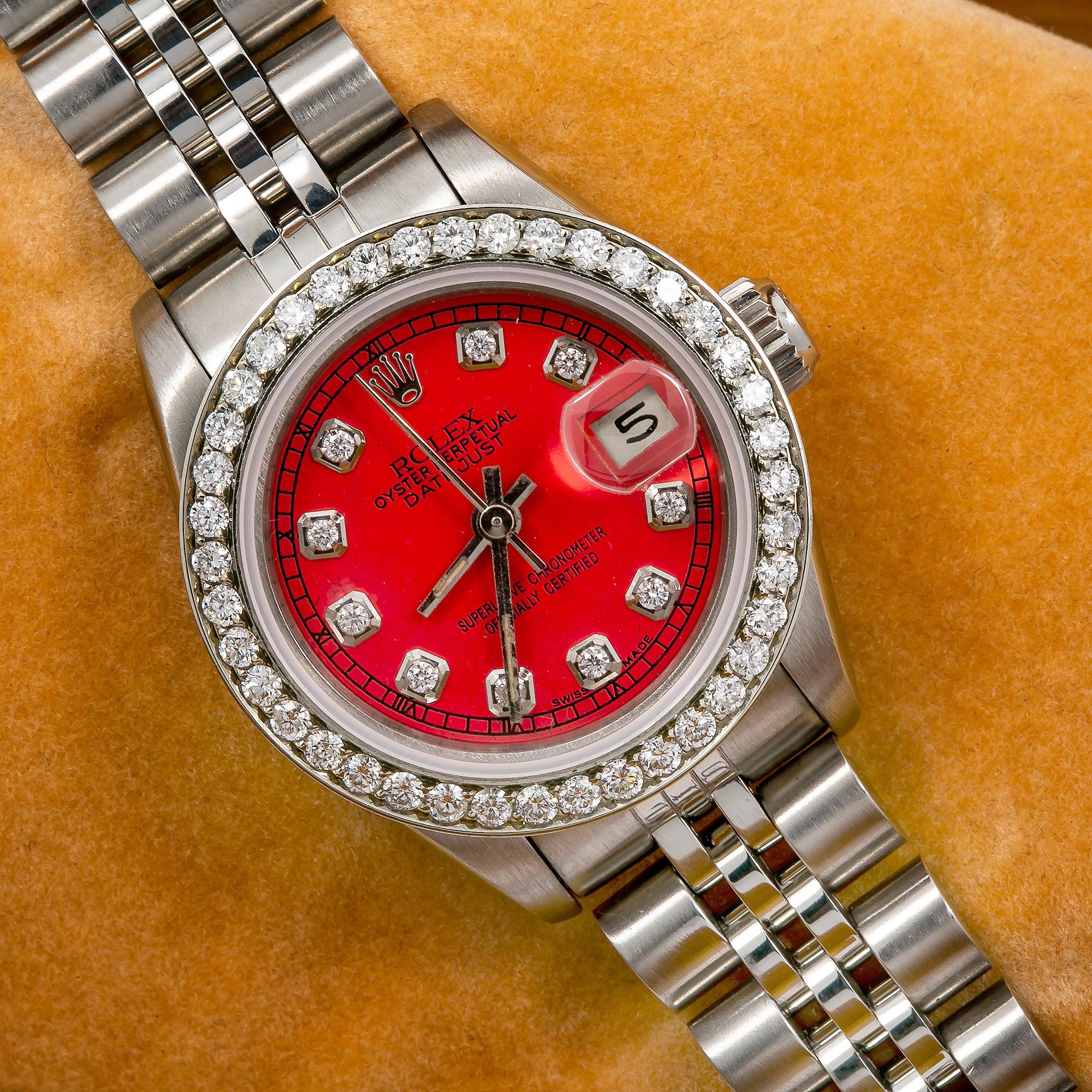Rolex Datejust 26MM 69174 Red Diamond Dial Diamond Bezel Stainless Steel Jubilee Bracelet