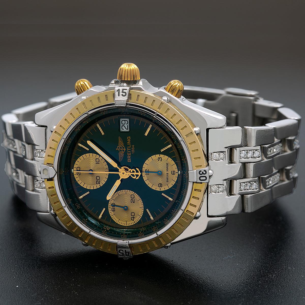 Breitling Chronomat 40MM K13048 Blue Dial Yellow Gold Bezel Semi Diamond Bracelet