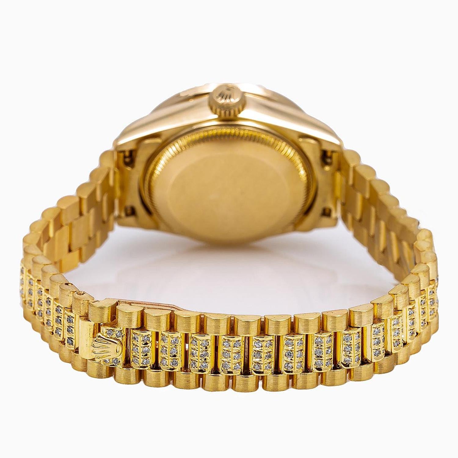 Rolex Datejust 26MM 69178 Diamond Paved Mother of Pearl Roman Dial Diamond Bezel 18K Yellow Gold President Bracelet