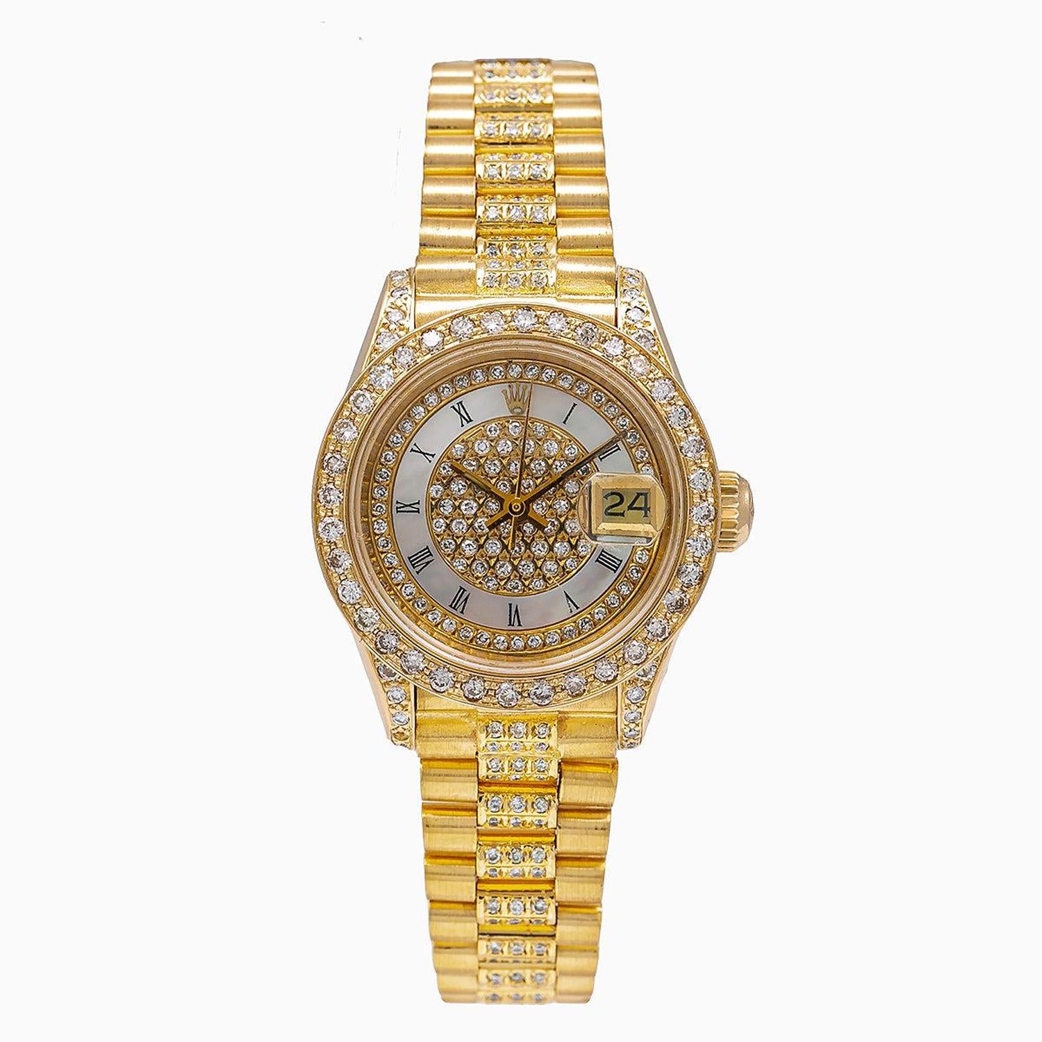 Rolex Datejust 26MM 69178 Diamond Paved Mother of Pearl Roman Dial Diamond Bezel 18K Yellow Gold President Bracelet