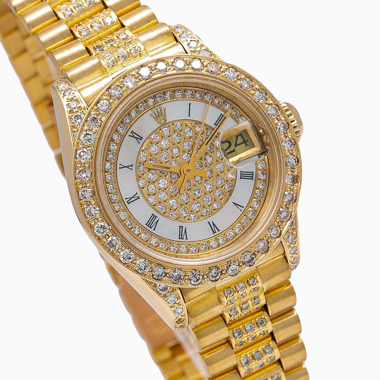 Rolex Datejust 26MM 69178 Diamond Paved Mother of Pearl Roman Dial Diamond Bezel 18K Yellow Gold President Bracelet