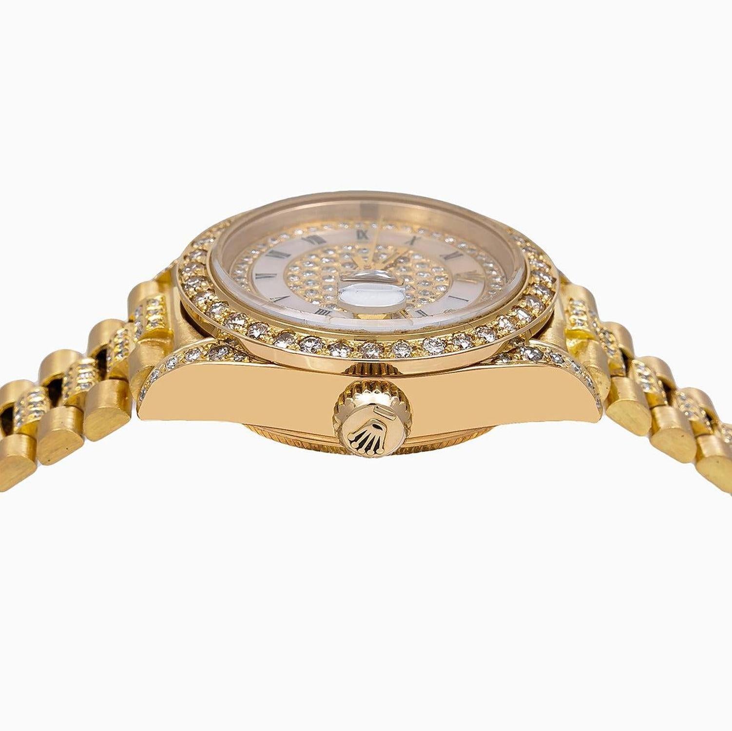Rolex Datejust 26MM 69178 Diamond Paved Mother of Pearl Roman Dial Diamond Bezel 18K Yellow Gold President Bracelet