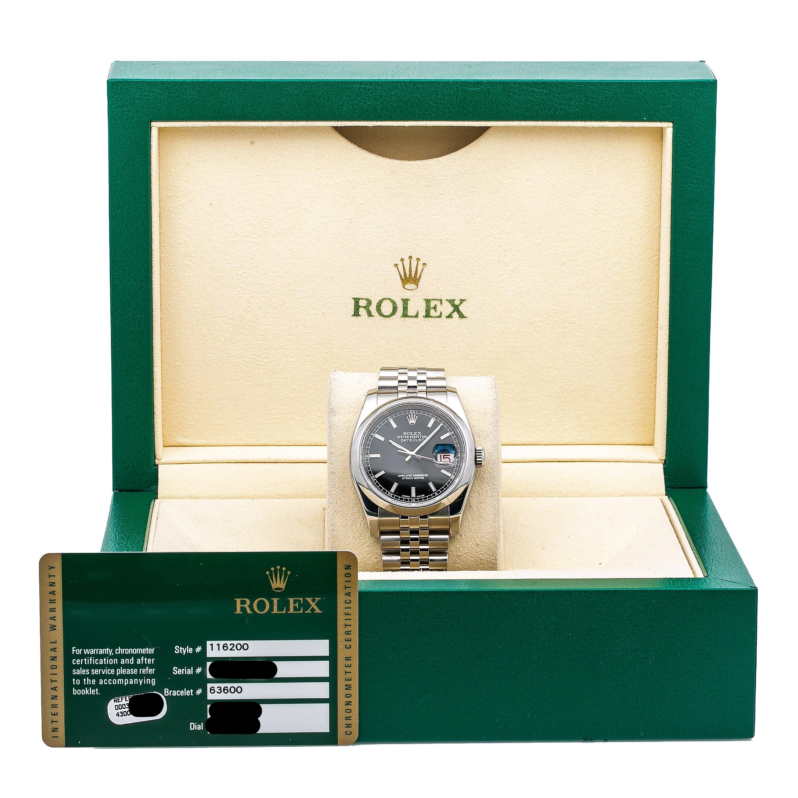 Rolex Datejust 36MM 116200 Black Dial Smooth Bezel Stainless Steel Jubilee Bracelet