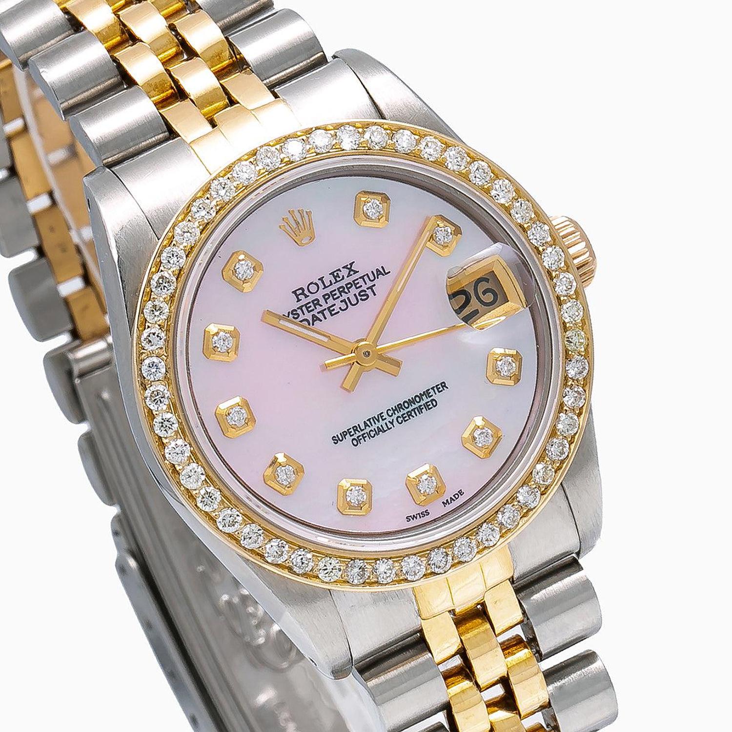 Rolex Datejust 31MM 68273 Pink Mother of Pearl Diamond Dial Diamond Bezel Two Tone Yellow Gold Jubilee Bracelet 1.05ct