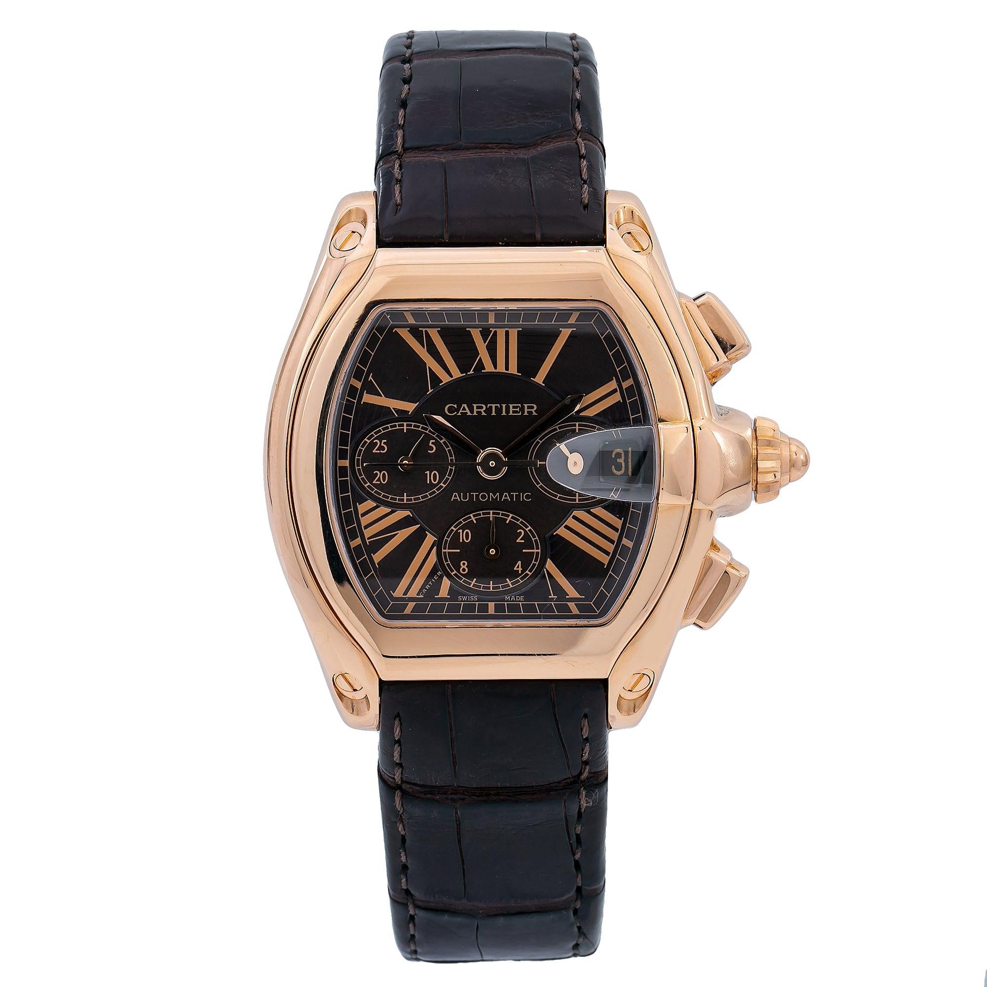 Cartier Roadster Chronograph 43MM W62042Y5 Brown Roman Dial Yellow Gold Bezel Black Leather Strap