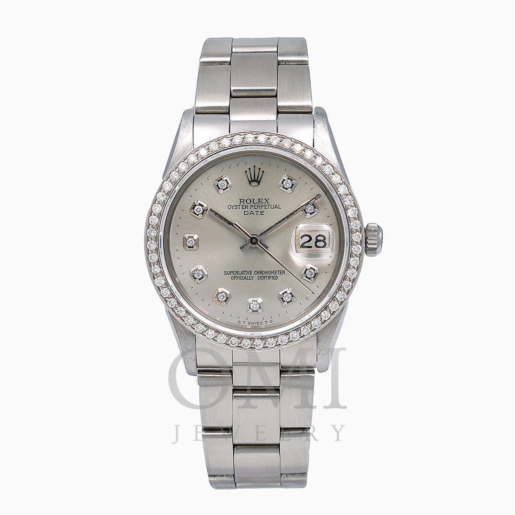 Rolex Oyster Perpetual Diamond Watch, Date 15010 34mm, Silver Diamond Dial With 1.20 CT Diamonds