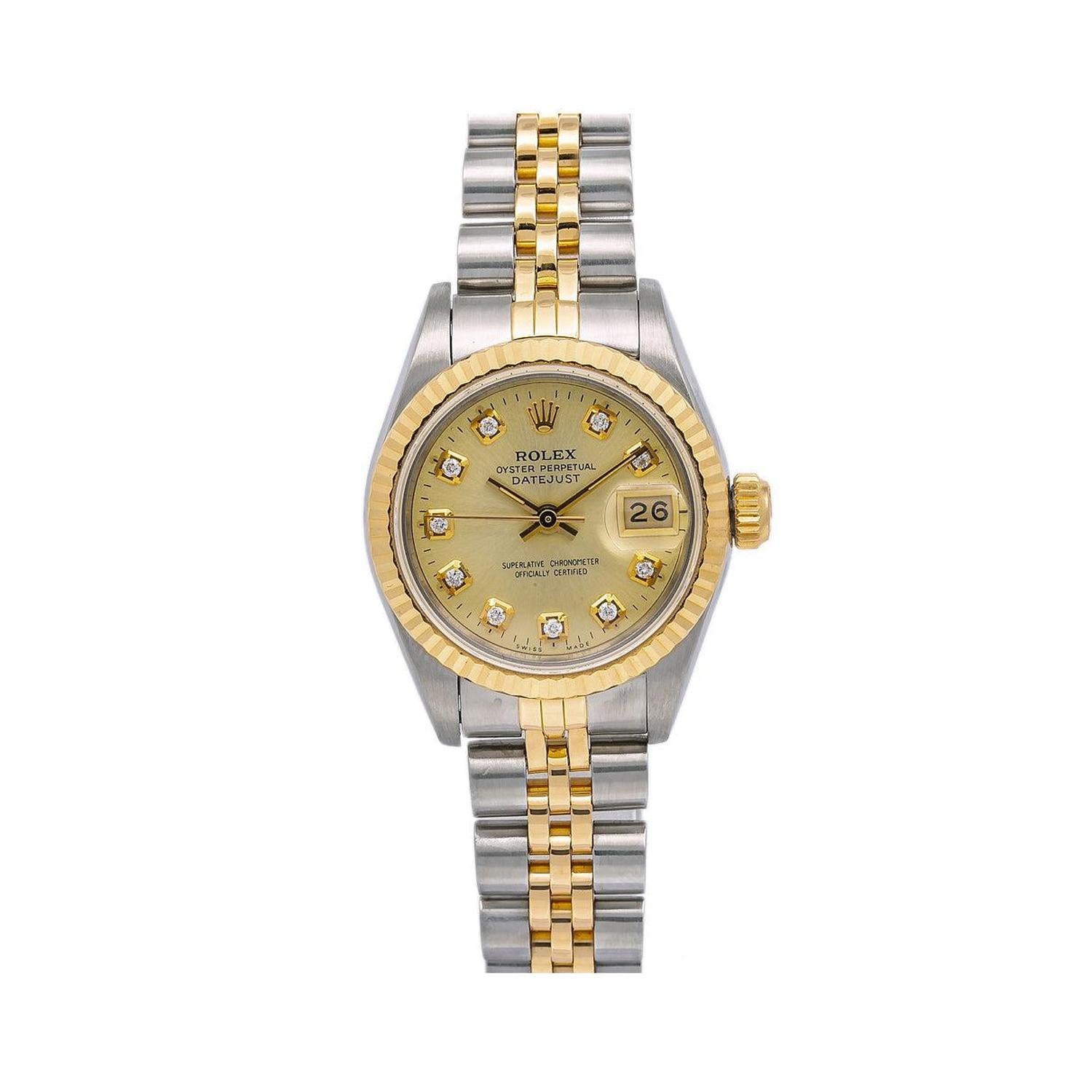 Rolex Datejust 26MM 69173 Champagne Diamond Dial Yellow Gold Fluted Bezel Two Tone Jubilee Bracelet