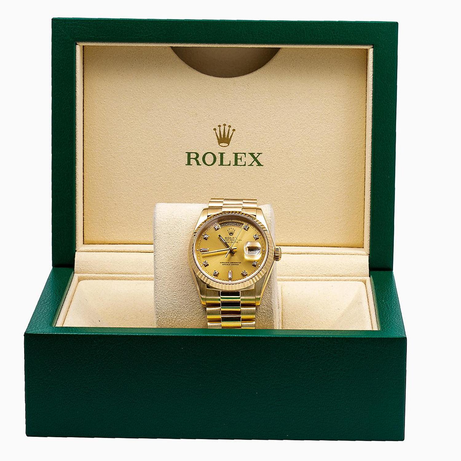 Rolex Day-Date 36MM 18038 Champagne Diamond Dial Fluted Bezel 18K Yellow Gold President Bracelet