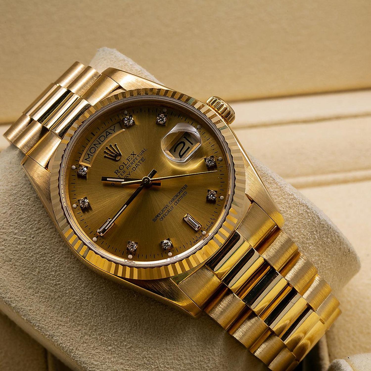 Rolex Day-Date 36MM 18038 Champagne Diamond Dial Fluted Bezel 18K Yellow Gold President Bracelet