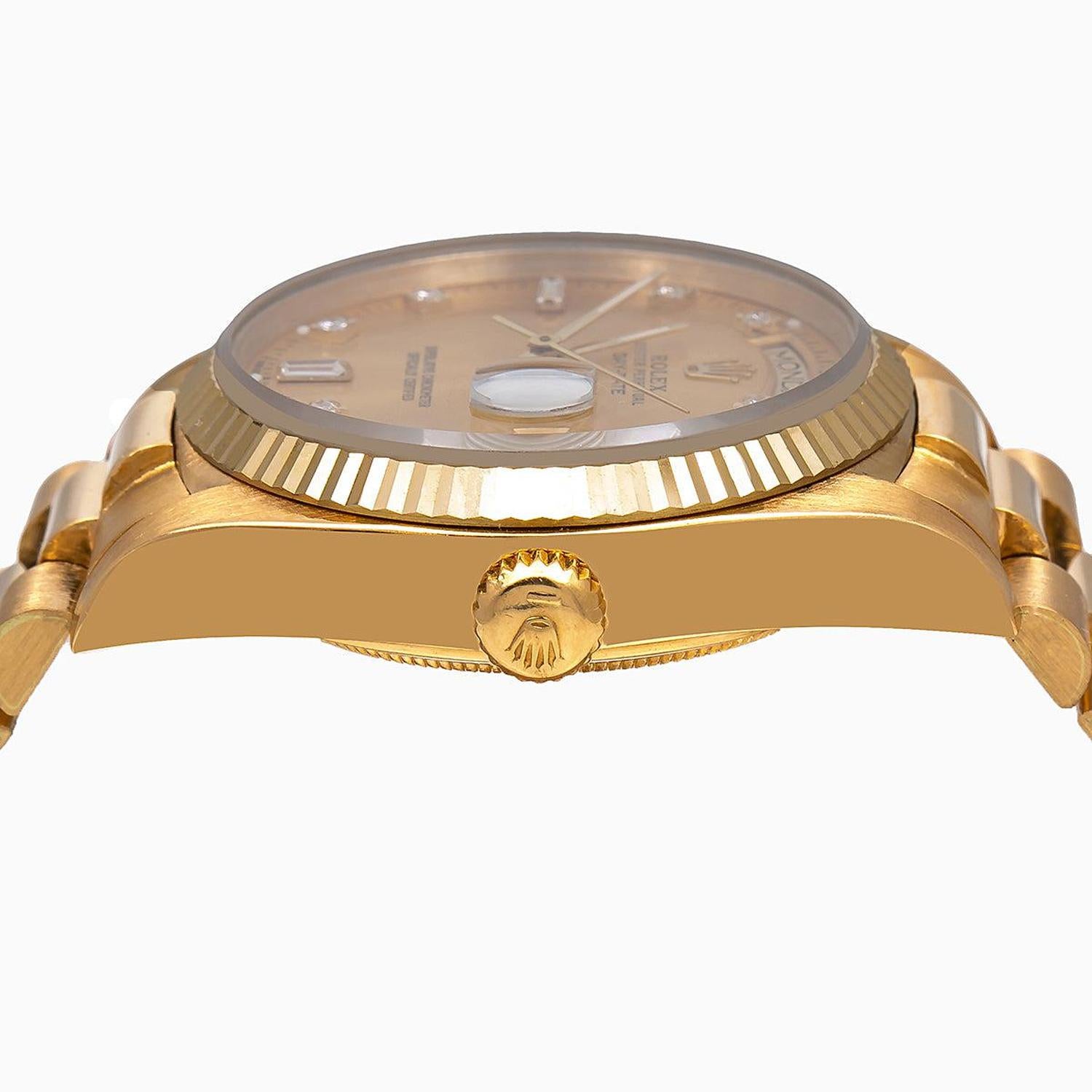 Rolex Day-Date 36MM 18038 Champagne Diamond Dial Fluted Bezel 18K Yellow Gold President Bracelet