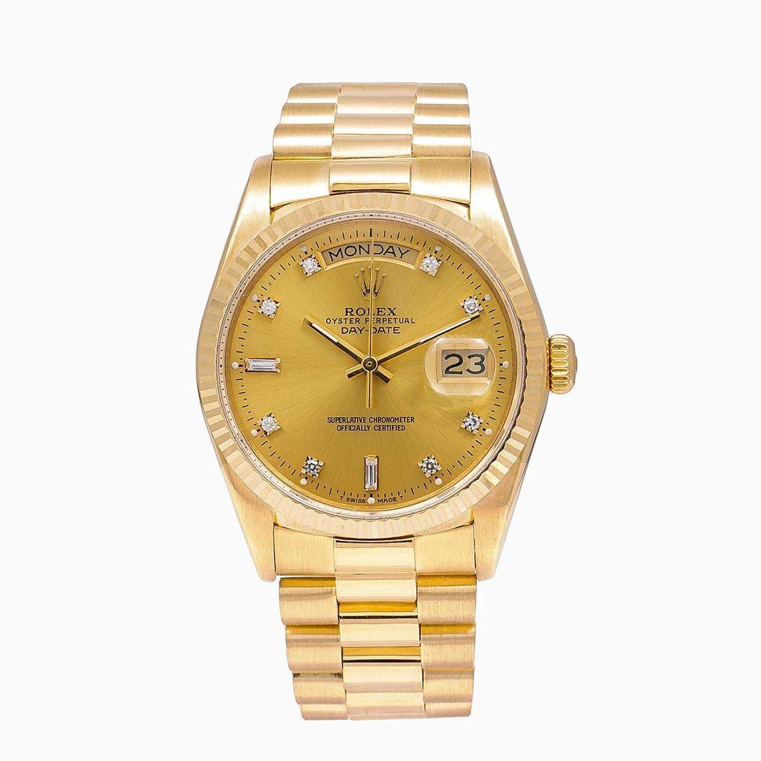 Rolex Day-Date 36MM 18038 Champagne Diamond Dial Yellow Gold Fluted Bezel 18K Yellow Gold President Bracelet