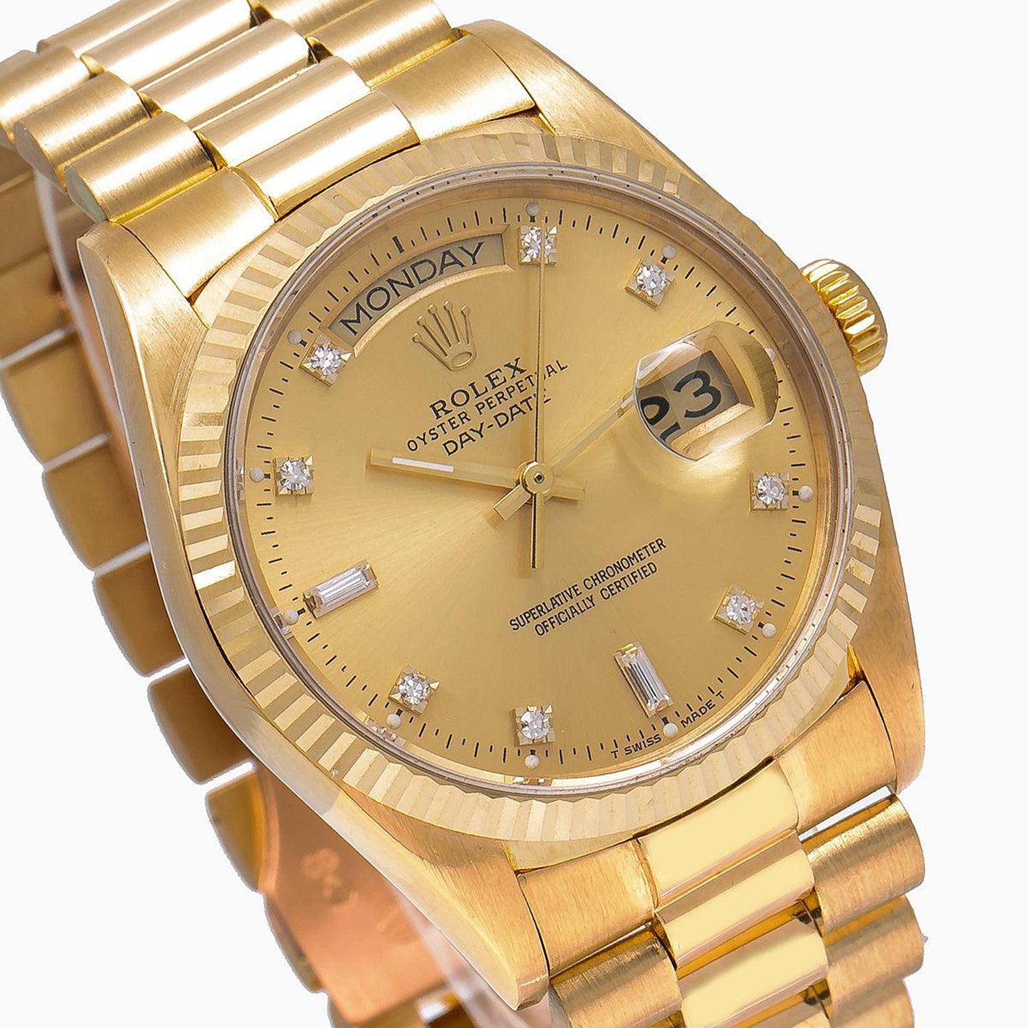Rolex Day-Date 36MM 18038 Champagne Diamond Dial Fluted Bezel 18K Yellow Gold President Bracelet