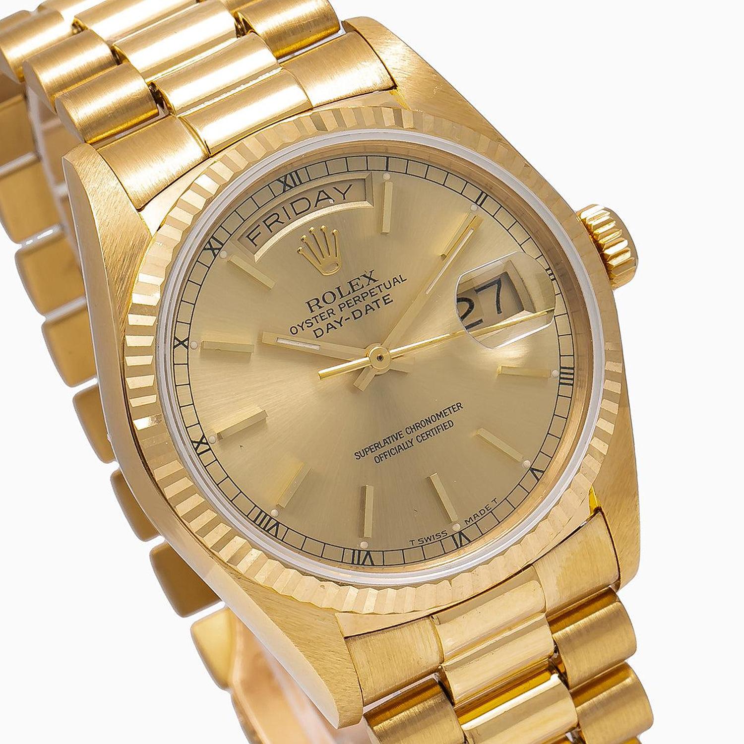 Rolex Day-Date 36MM 18038 Champagne Dial Fluted Bezel 18K Yellow Gold President Bracelet