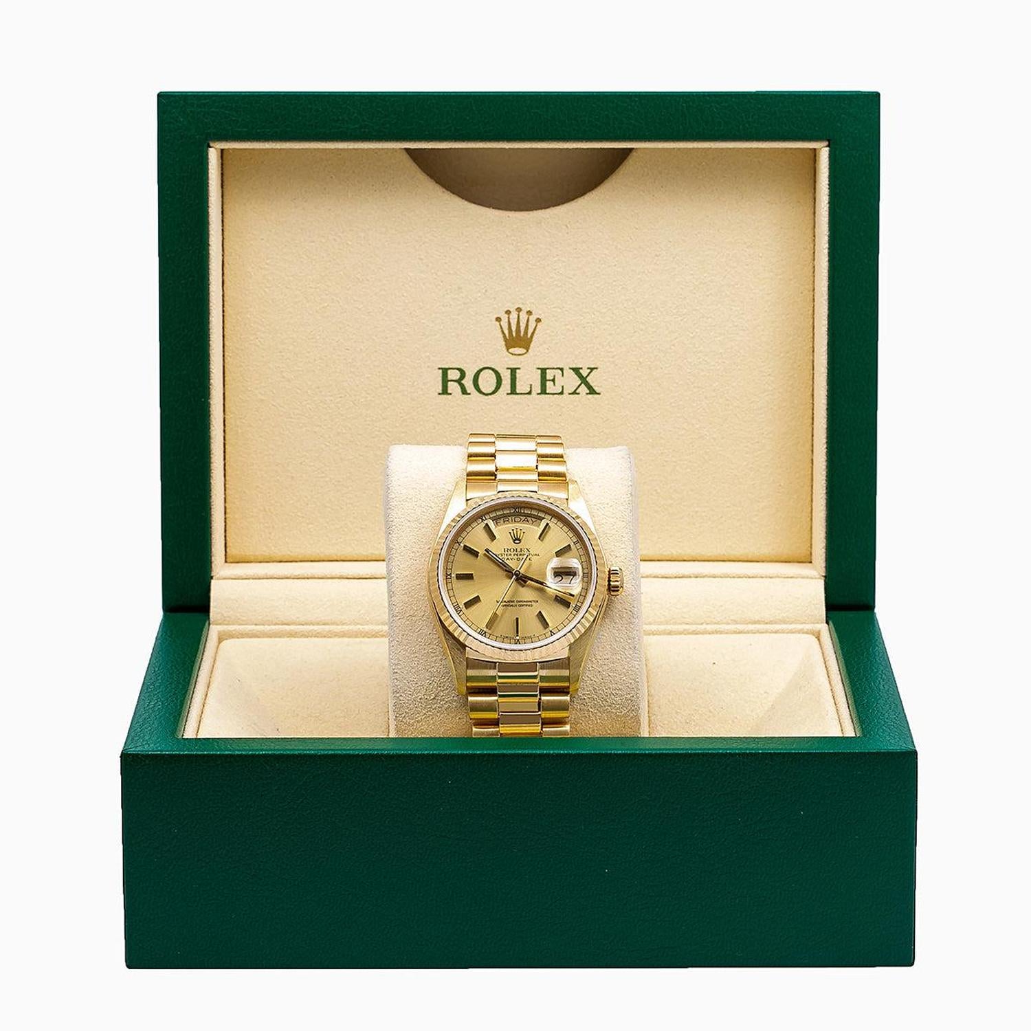 Rolex Day-Date 36MM 18038 Champagne Dial Fluted Bezel 18K Yellow Gold President Bracelet