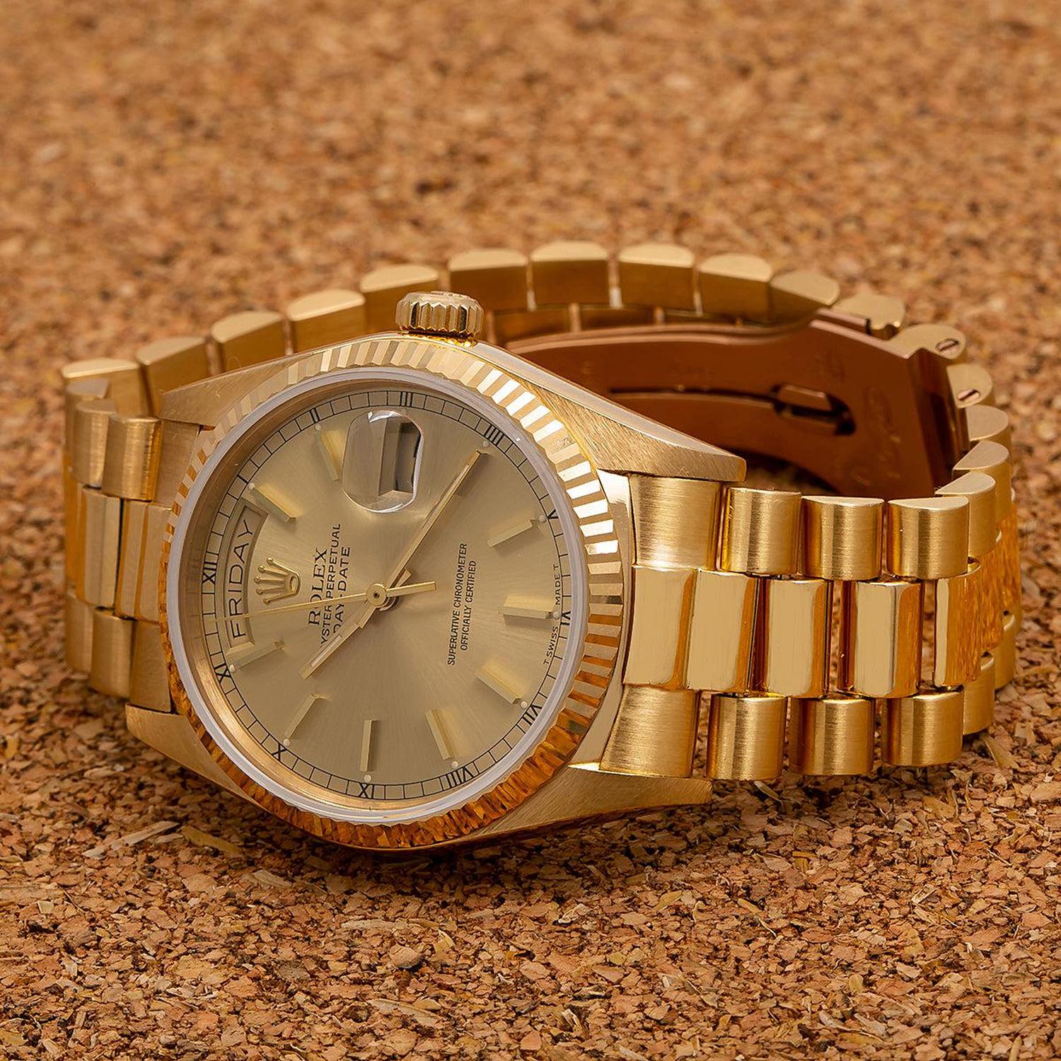 Rolex Day-Date 36MM 18038 Champagne Dial Fluted Bezel 18K Yellow Gold President Bracelet