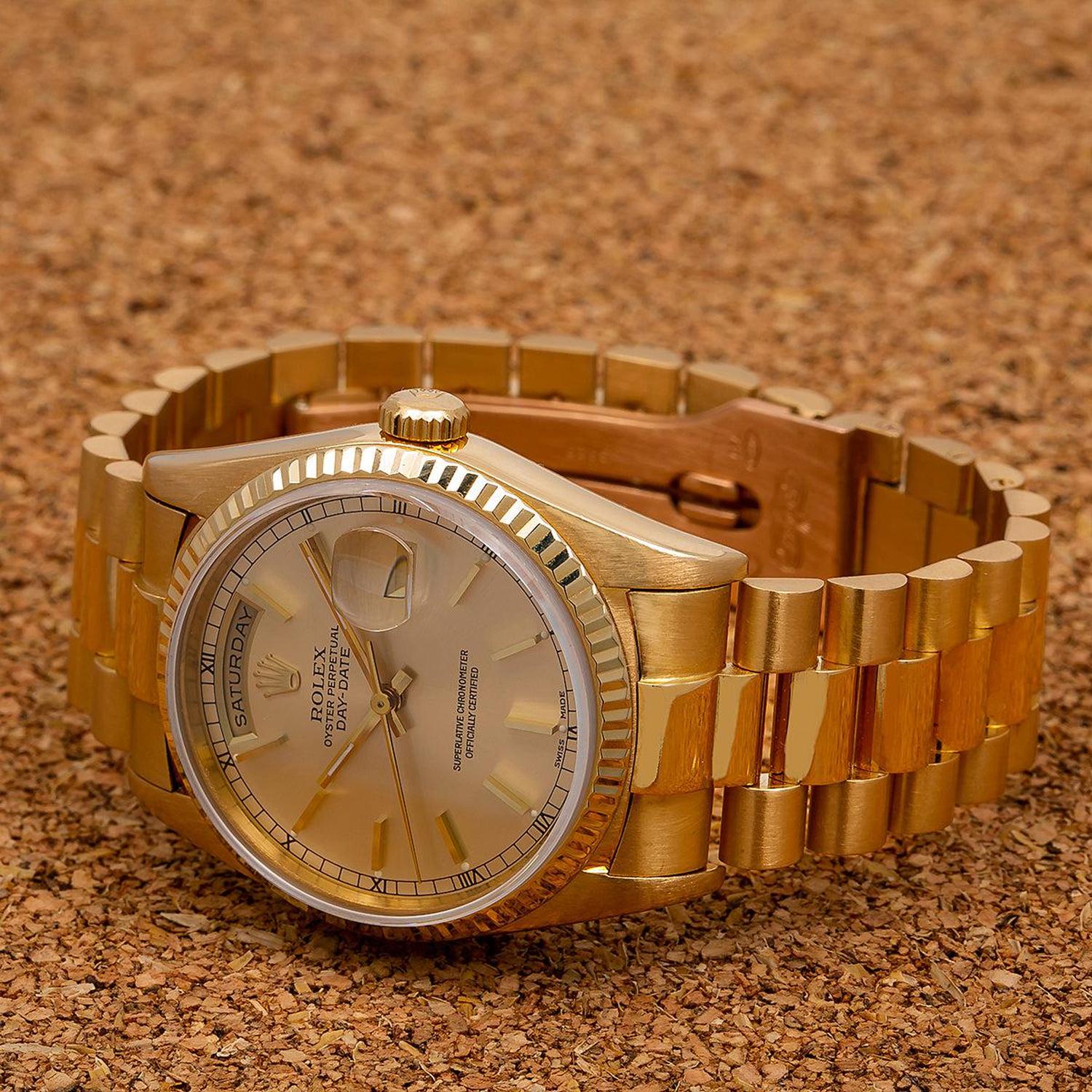 Rolex Day-Date 36MM 18238 Champagne Dial Fluted Bezel 18K Yellow Gold President Bracelet