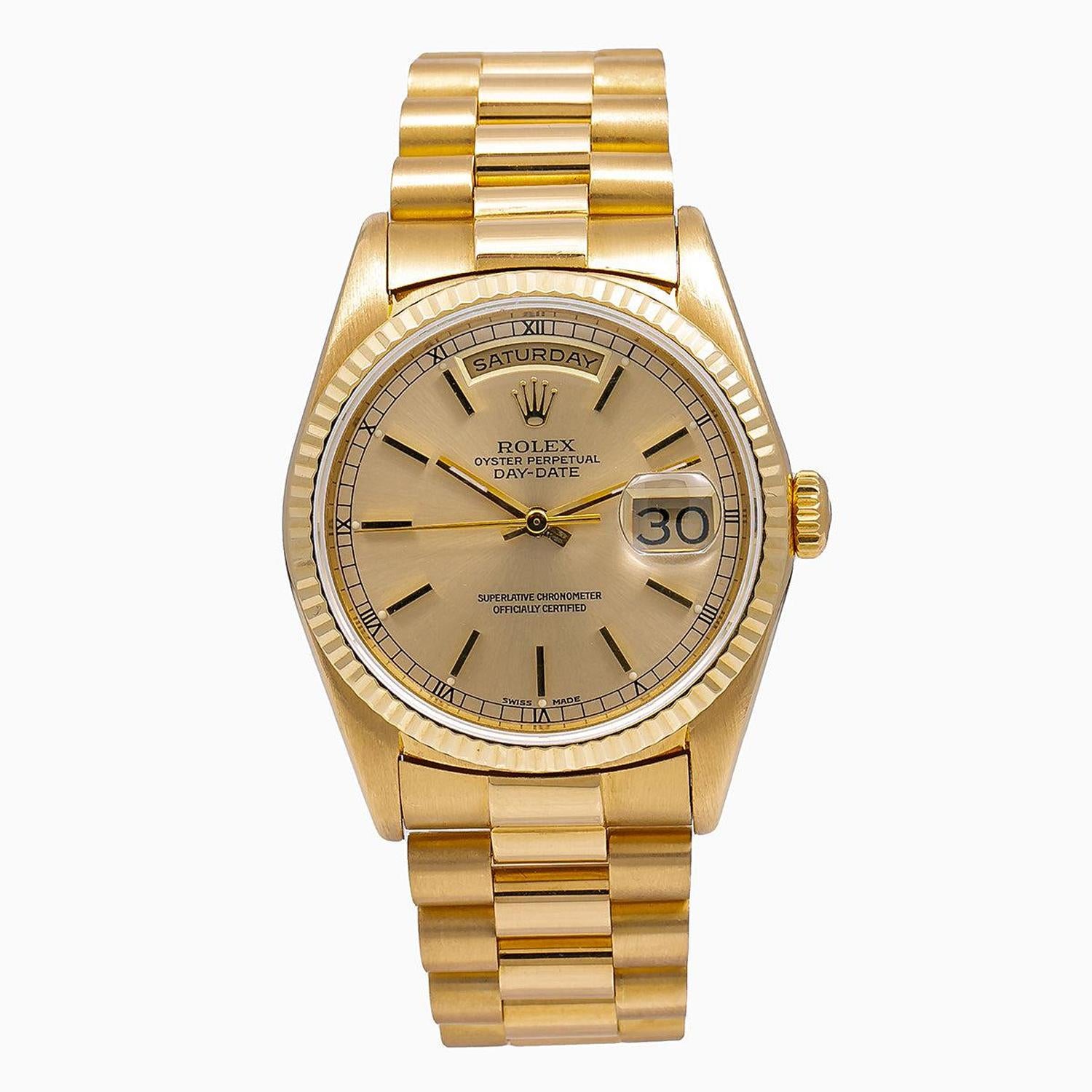 Rolex Day-Date 36MM 18238 Champagne Dial Yellow Gold Fluted Bezel 18K Yellow Gold President Bracelet