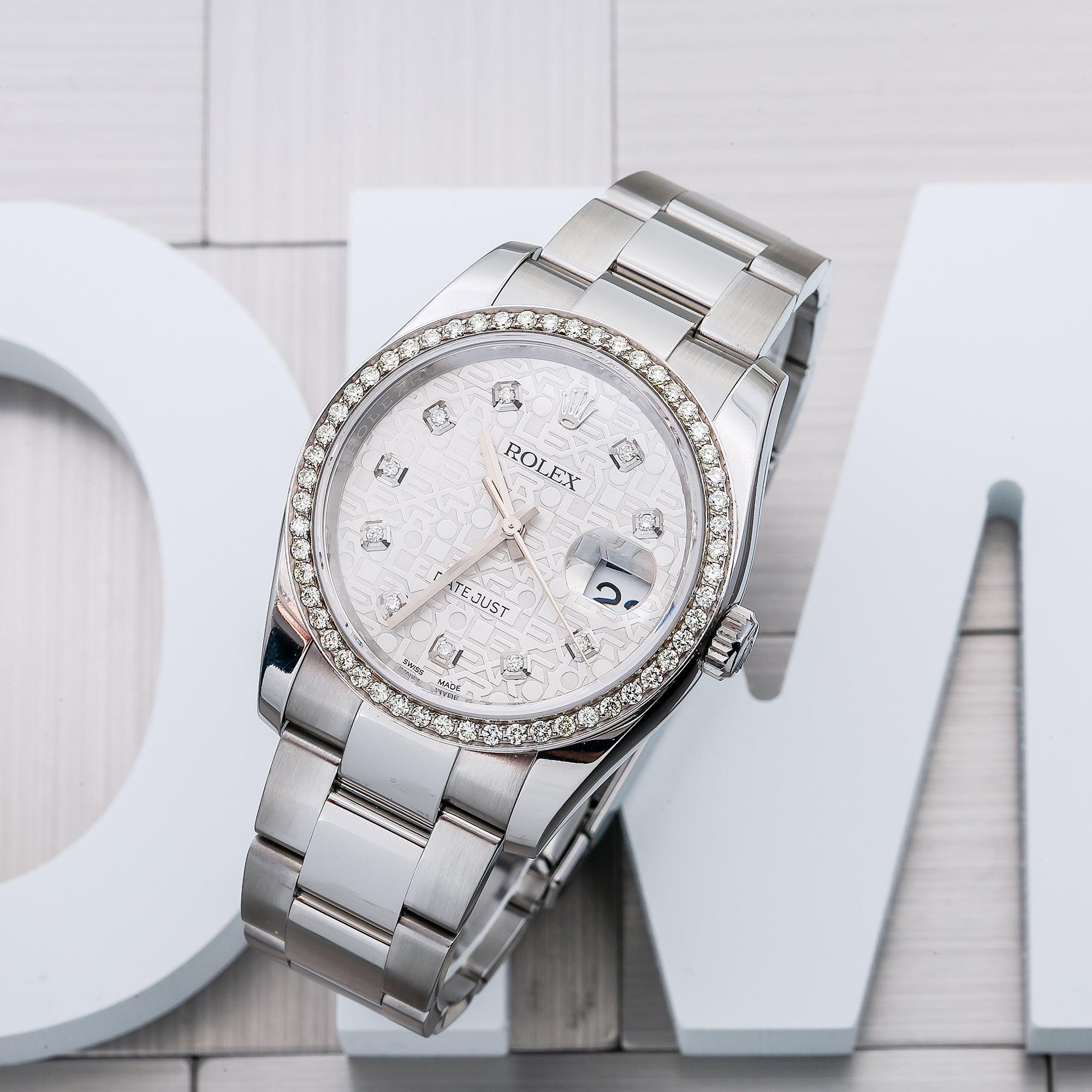 Rolex Datejust 36MM 116200 Silver Pattern Diamond Dial Diamond Bezel Stainless Steel Oyster Bracelet 1.25ct