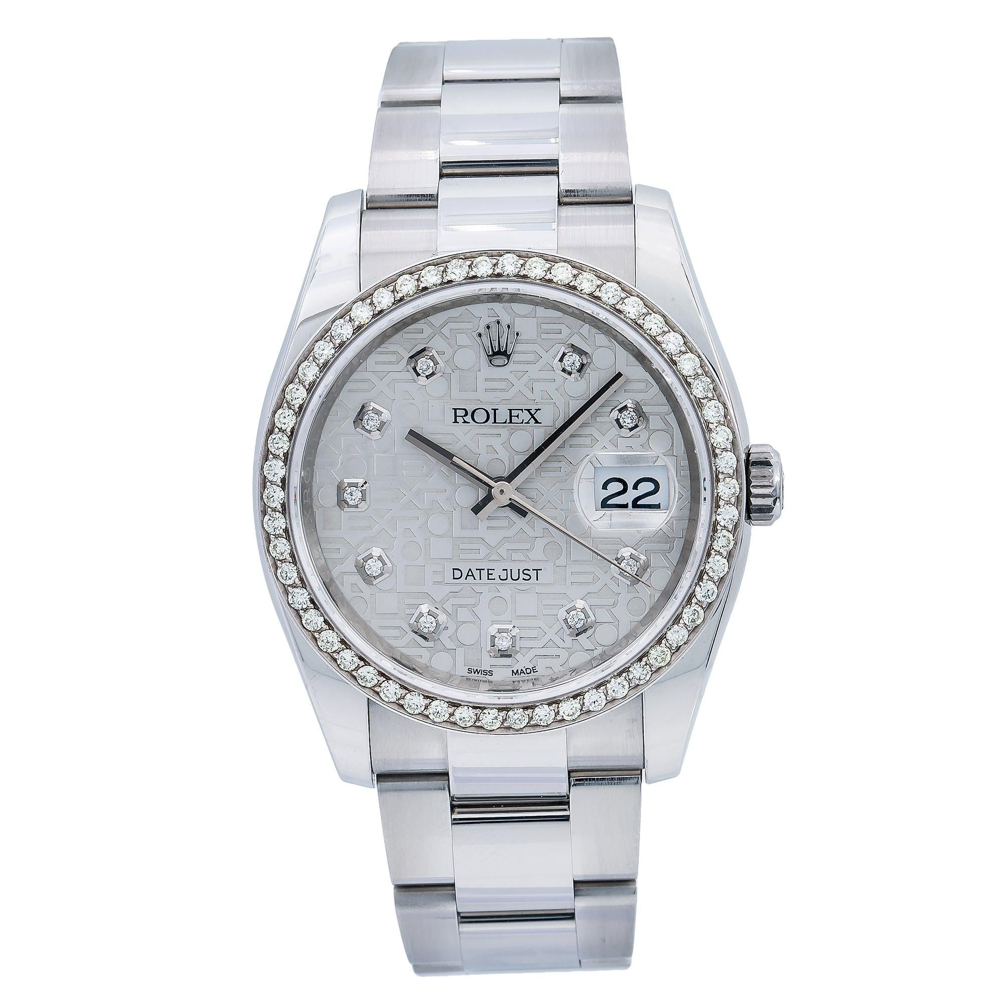Rolex Datejust 36MM 116200 Silver Pattern Diamond Dial Diamond Bezel Stainless Steel Oyster Bracelet 1.25ct