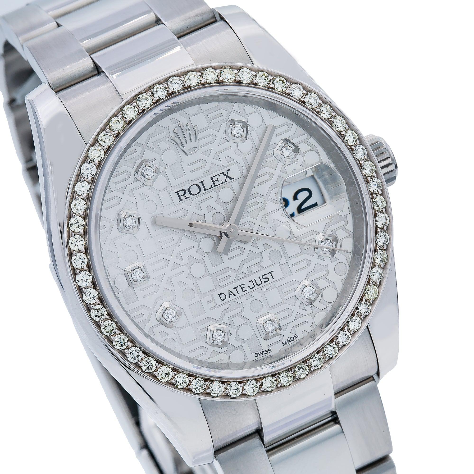 Rolex Datejust 36MM 116200 Silver Pattern Diamond Dial Diamond Bezel Stainless Steel Oyster Bracelet 1.25ct