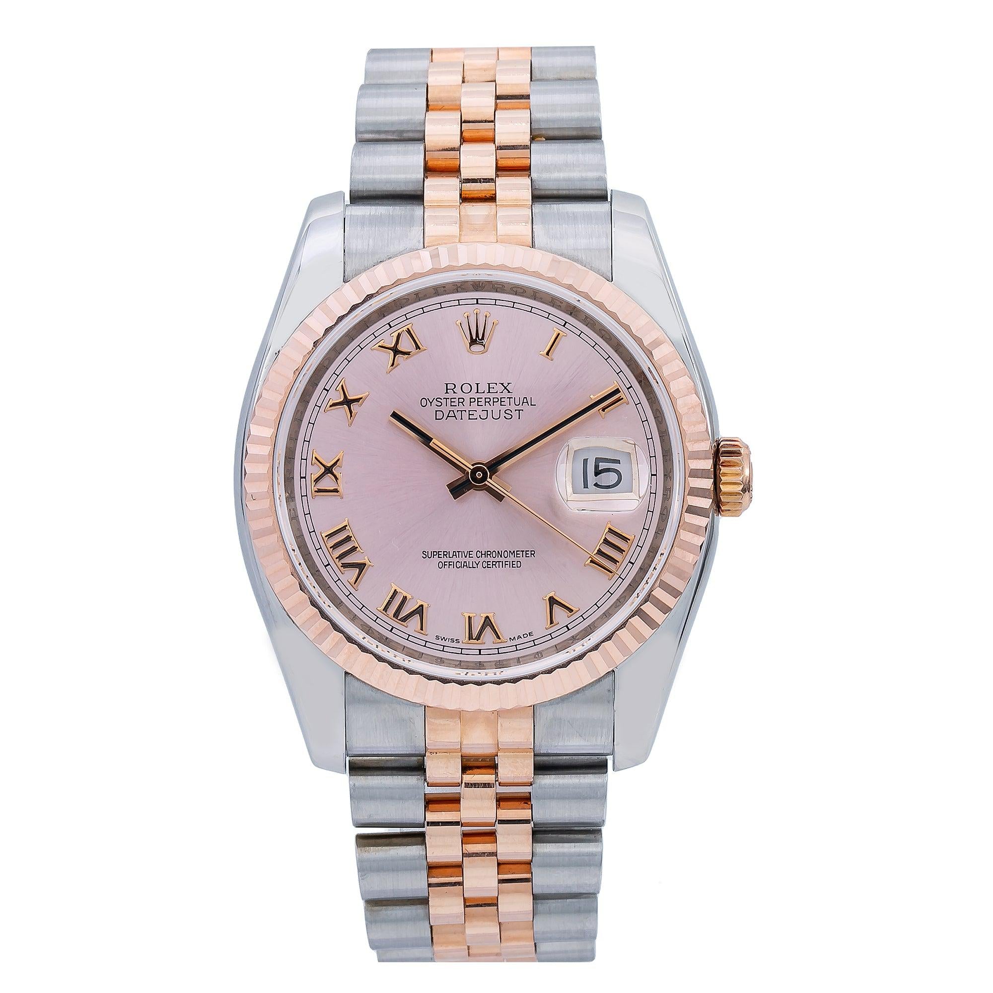 Rolex Datejust 36MM 116231 Pink Roman Dial Rose Gold Fluted Bezel Two Tone Jubilee Bracelet