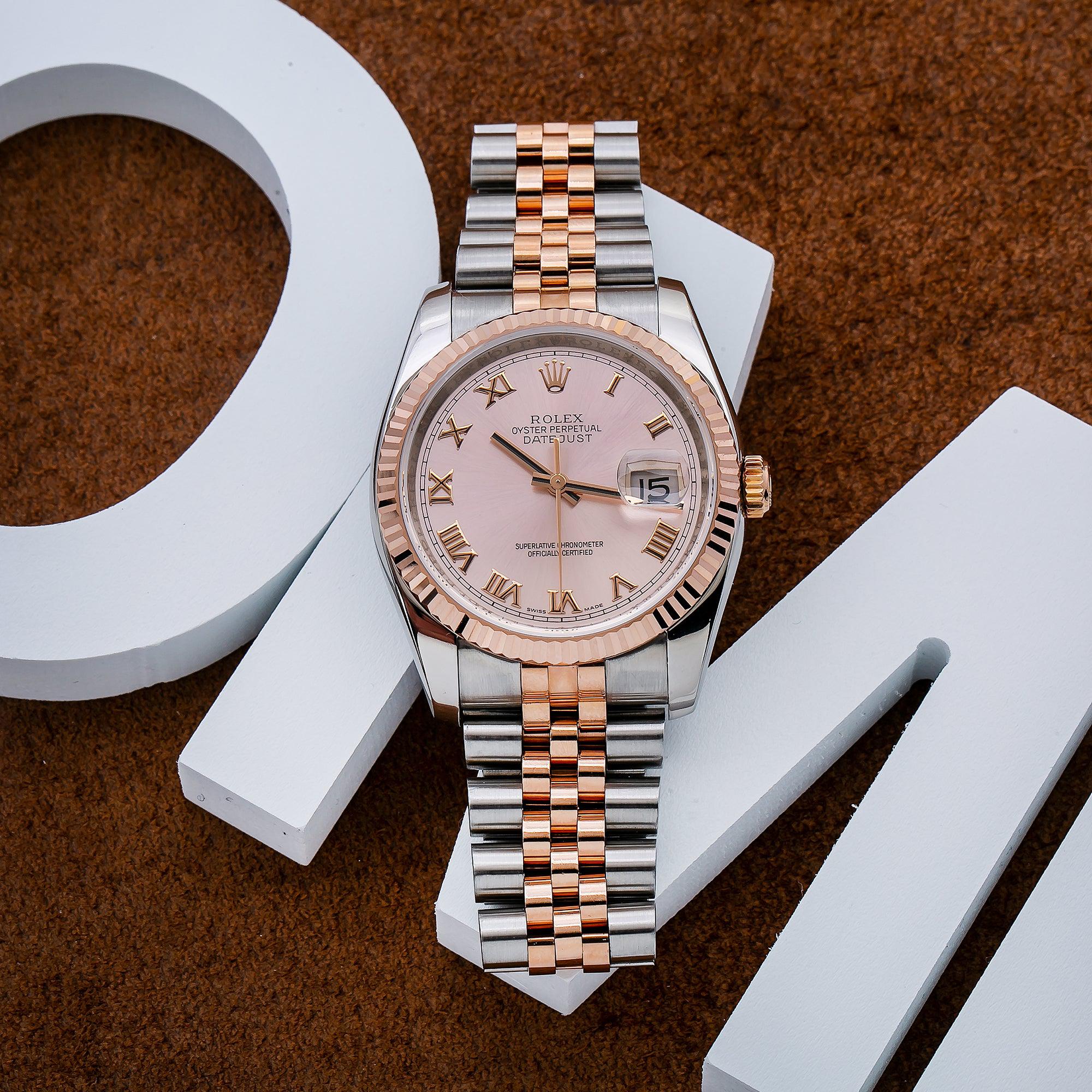 Rolex Datejust 36MM 116231 Pink Roman Dial Fluted Bezel Two Tone Rose Gold Jubilee Bracelet