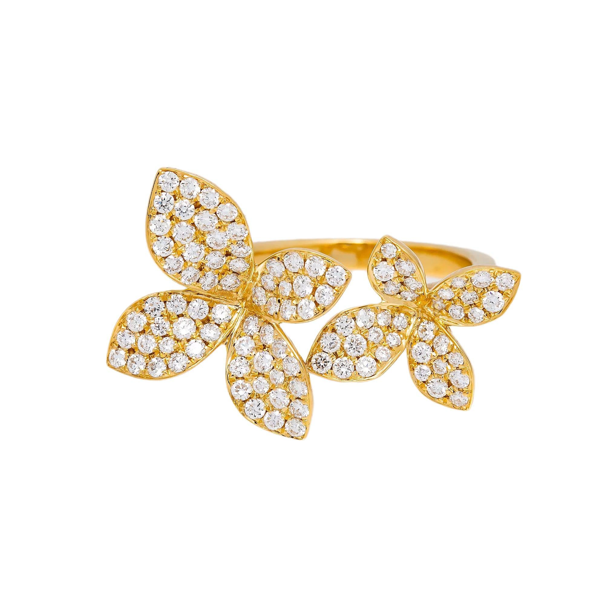 18K YELLOW GOLD FLOWER LADIES RING WITH 0.97 CT DIAMONDS
