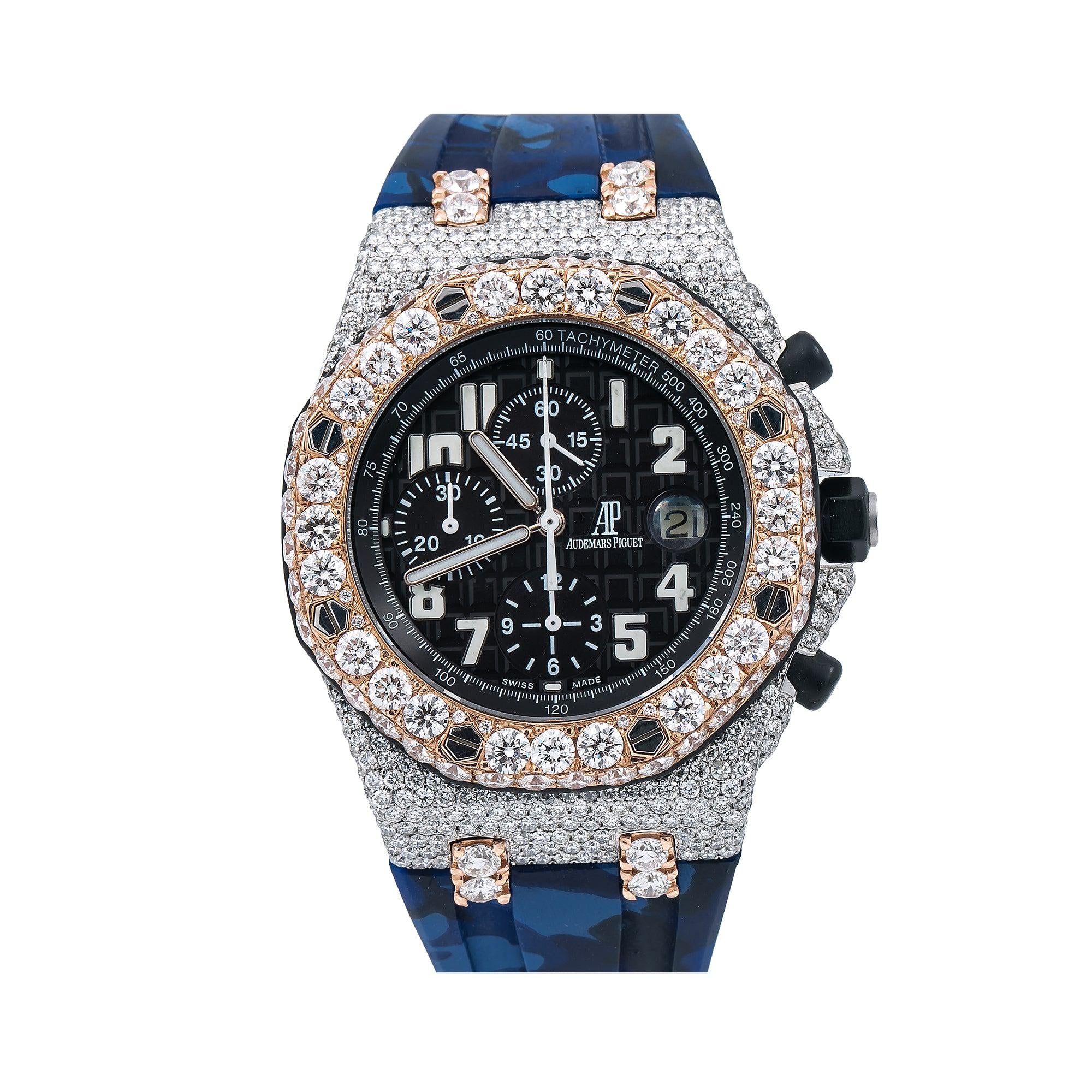 Audemars Piguet Royal Oak Offshore Chronograph 42MM 26170ST Black Arabic Dial Diamond Bezel Blue Camo Rubber Band 15.75ct