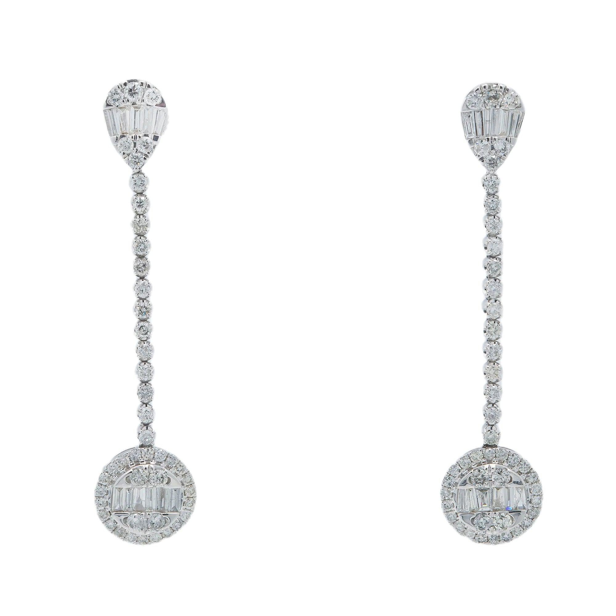 14K GOLD BAGUETTE AND ROUND DIAMOND DROP EARRINGS 2.52 CT