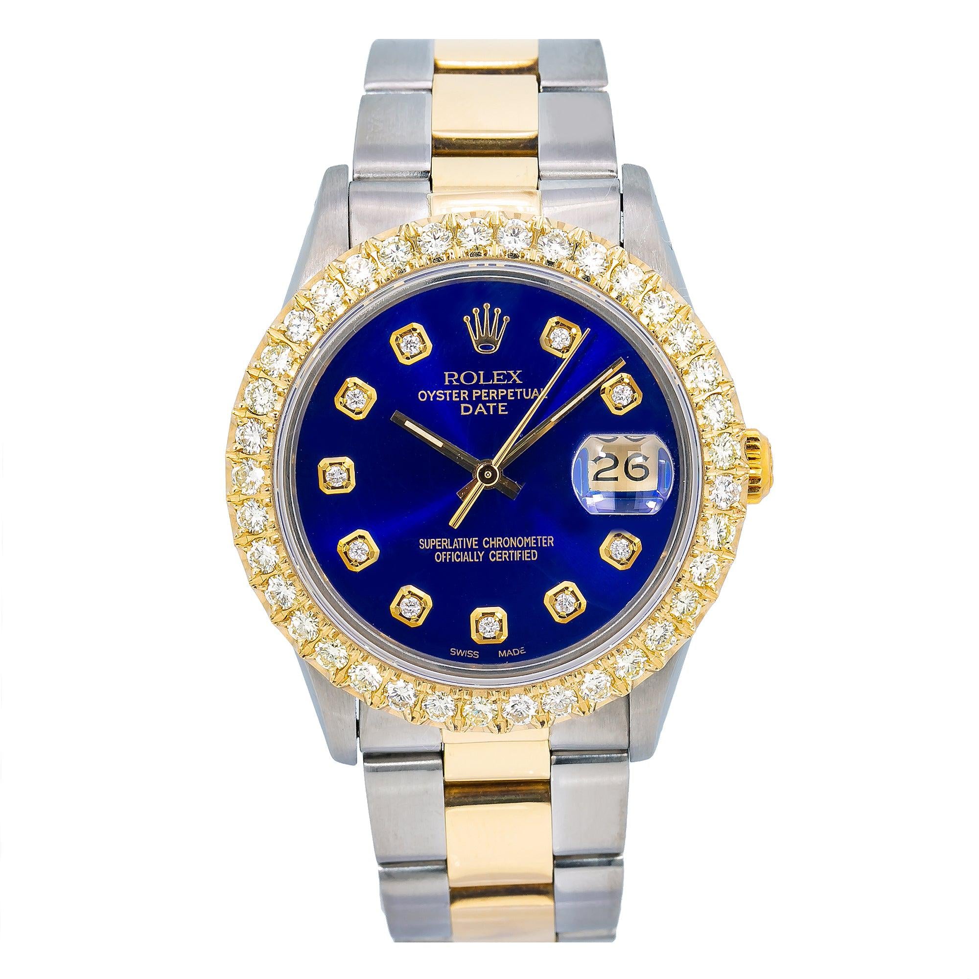 Rolex Date 34MM 1505 Blue Diamond Dial Diamond Bezel Two Tone Oyster Bracelet 1.2ct