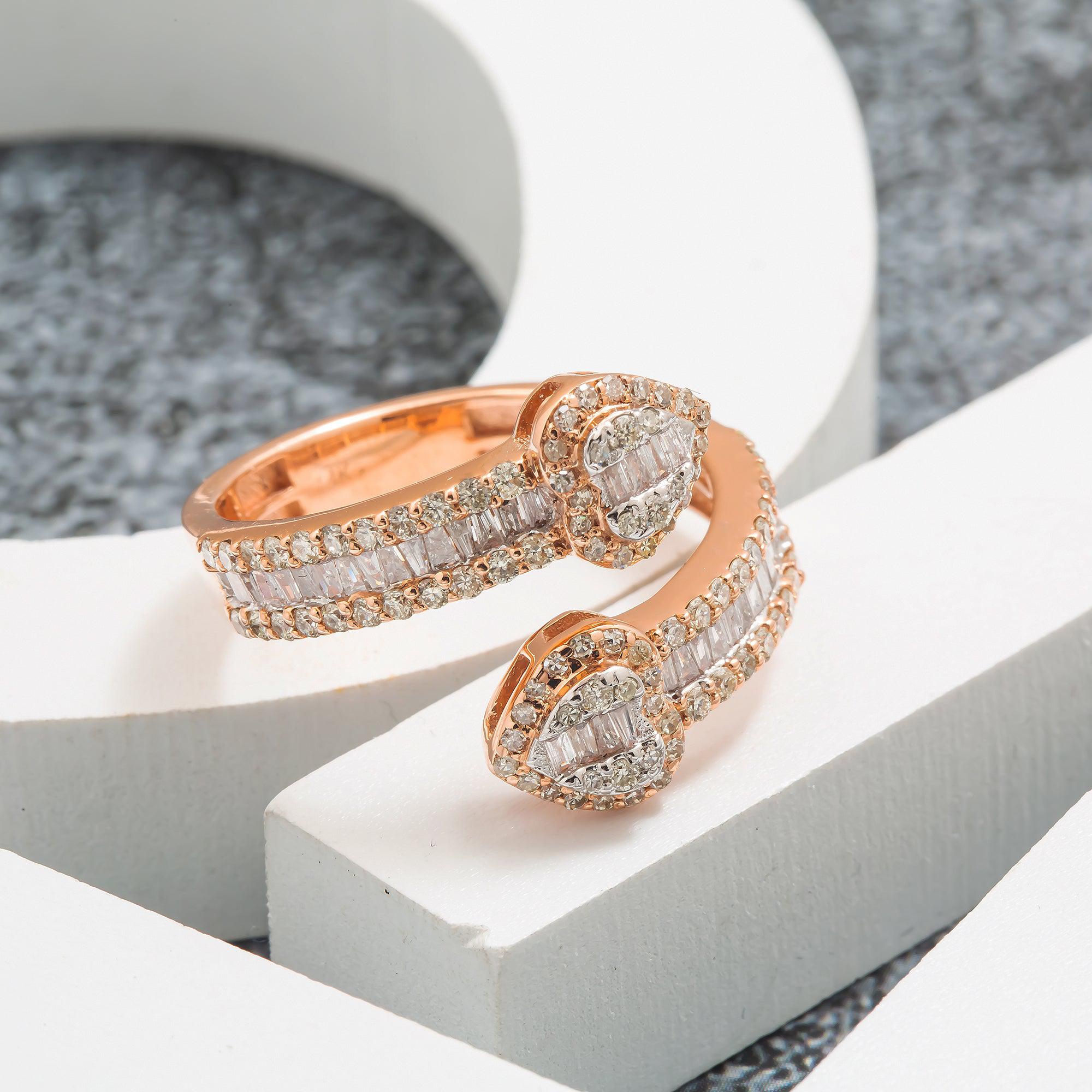 14K GOLD BAGUETTE CLUSTER DIAMOND DOUBLE HEART RING 1.63 CT