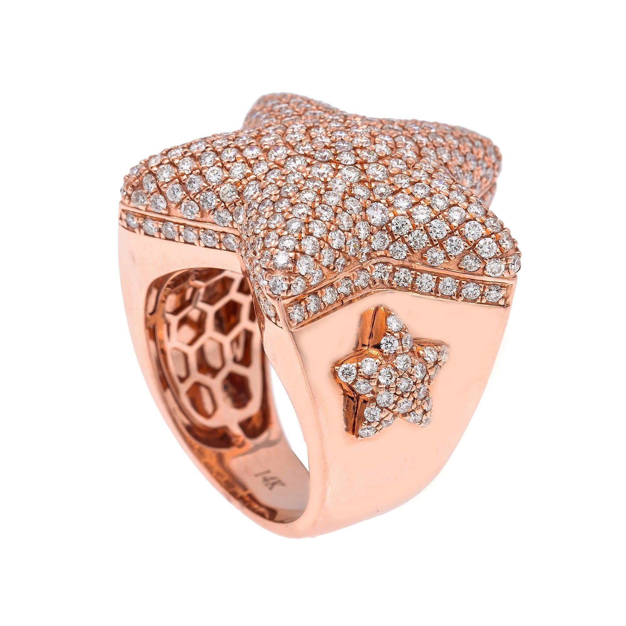 Men's 14K Rose Gold Star Ring With 1.69 CT Diamonds