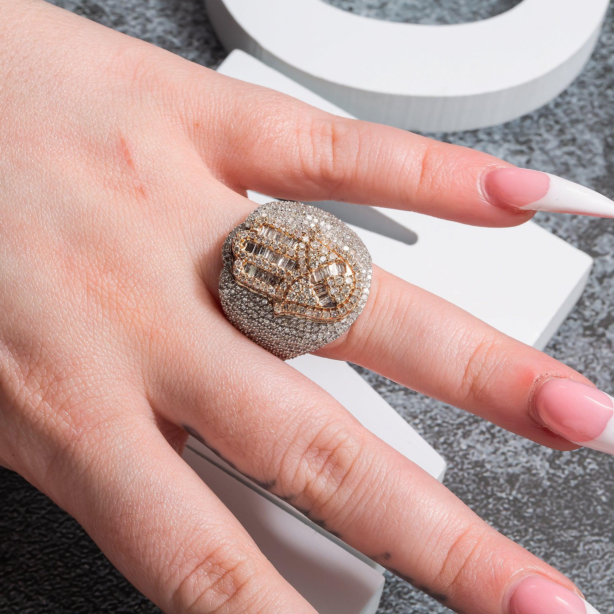 14K GOLD BAGUETTE CLUSTER DIAMOND HAMSA RING 4.60 CT