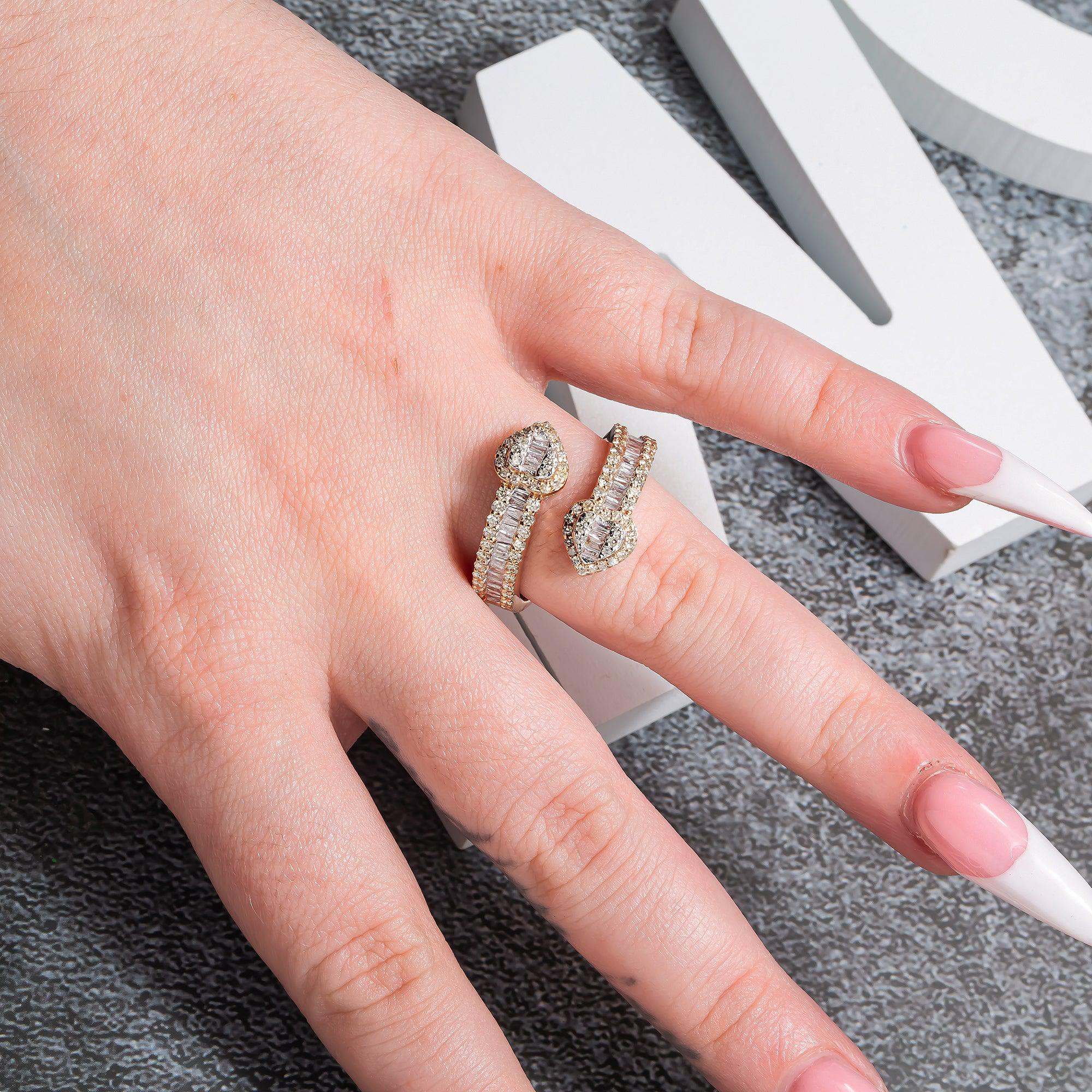 14K GOLD BAGUETTE CLUSTER DIAMOND DOUBLE HEART RING 1.63 CT