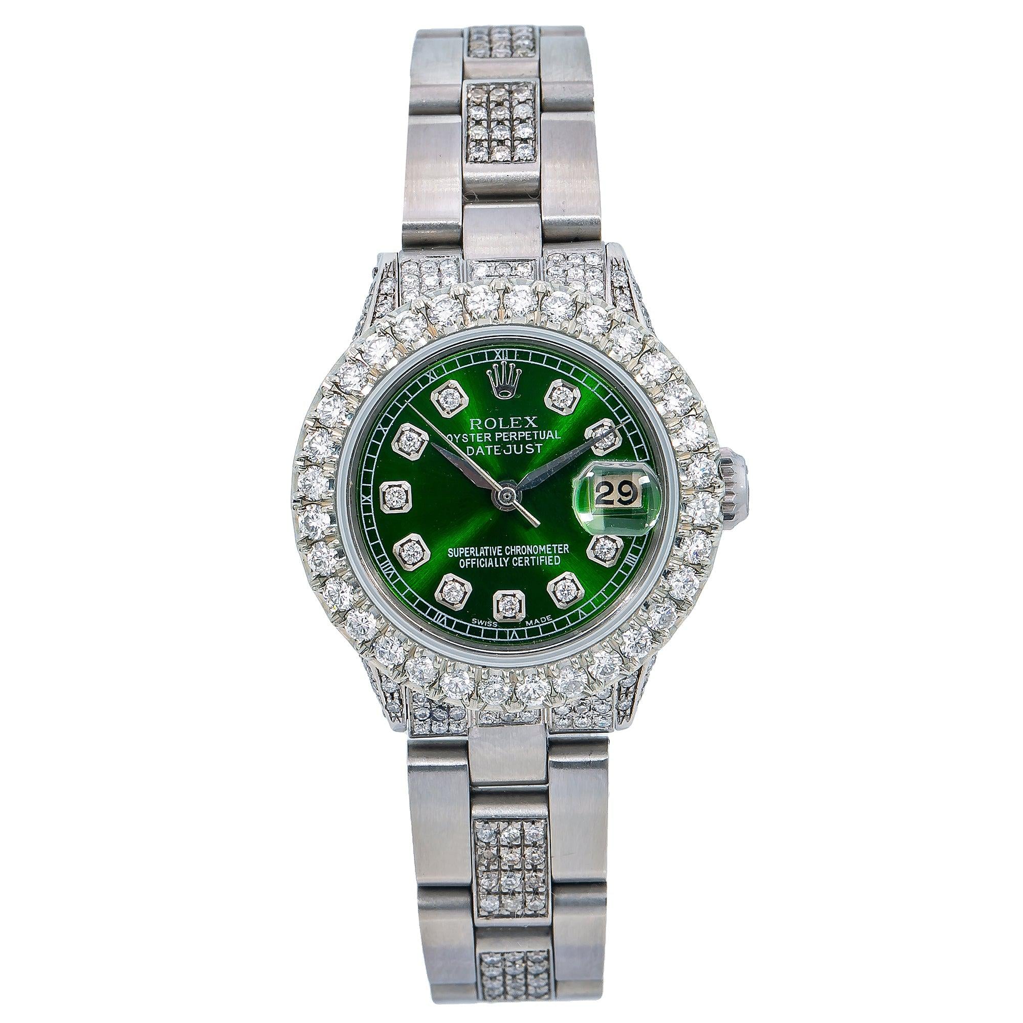 Rolex Datejust 26MM 6916 Green Diamond Dial Diamond Bezel Stainless Steel Semi Diamond Oyster Bracelet 6.05ct