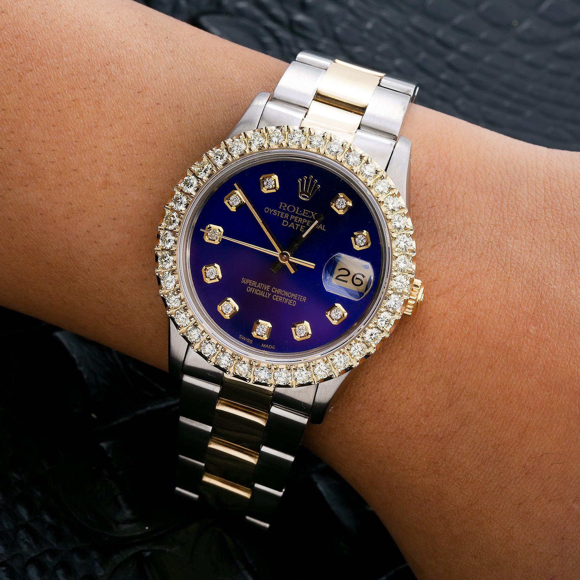 Rolex Date 34MM 1505 Blue Diamond Dial Diamond Bezel Two Tone Yellow Gold Oyster Bracelet 1.2ct