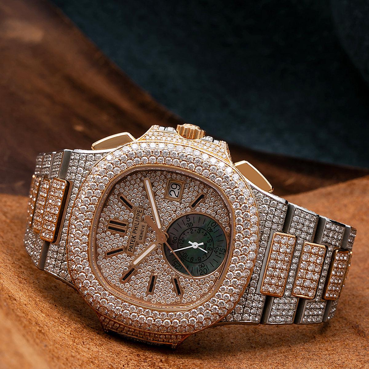 Patek Philippe Nautilus 40.5MM 5980/1AR Diamond Paved Dial Diamond Paved Bezel Two Tone 18K Rose Gold Full Diamond Bracelet 23.5ct
