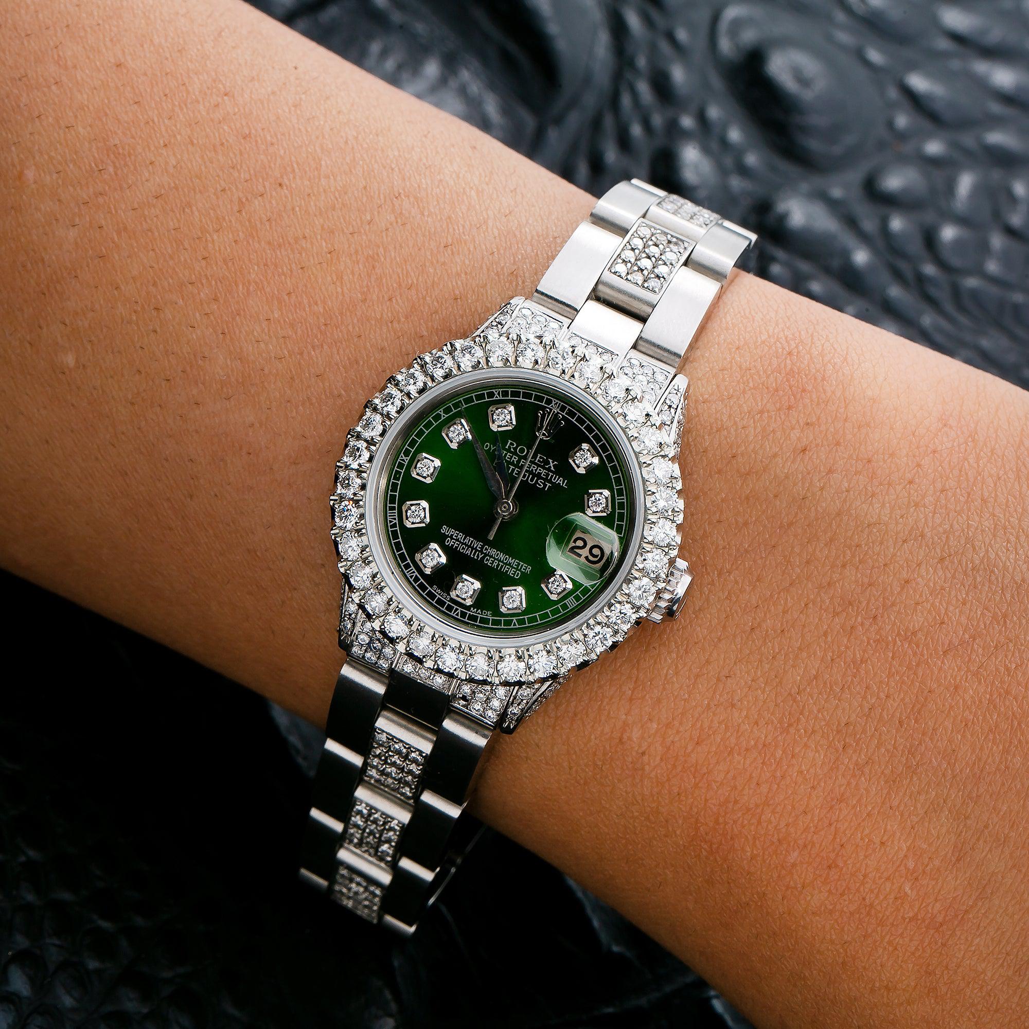 Rolex Datejust 26MM 6916 Green Diamond Dial Diamond Bezel Stainless Steel Semi Diamond Oyster Bracelet 6.05ct