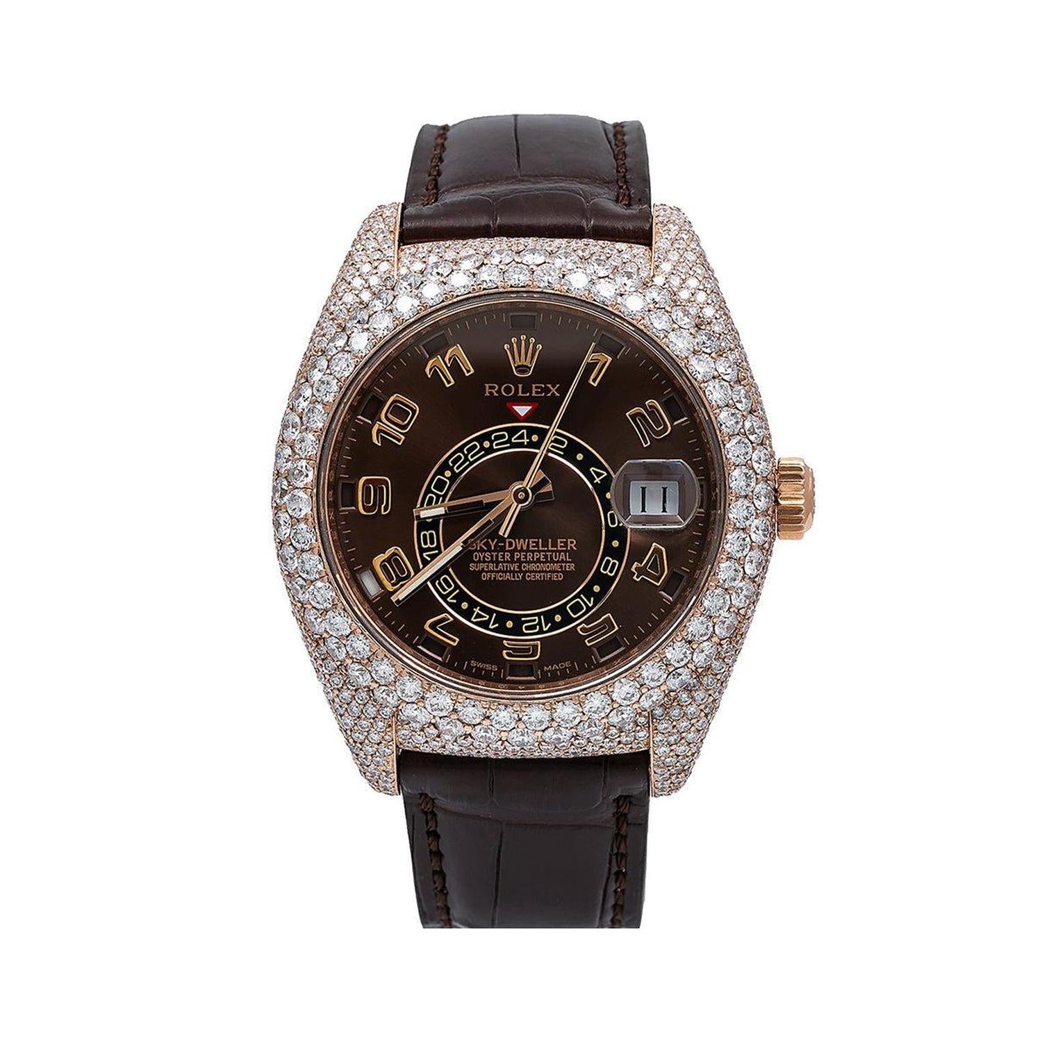 Rolex Sky-Dweller 42MM 326135 Chocolate Arabic Dial Diamond Bezel Brown Leather Strap 15.75ct
